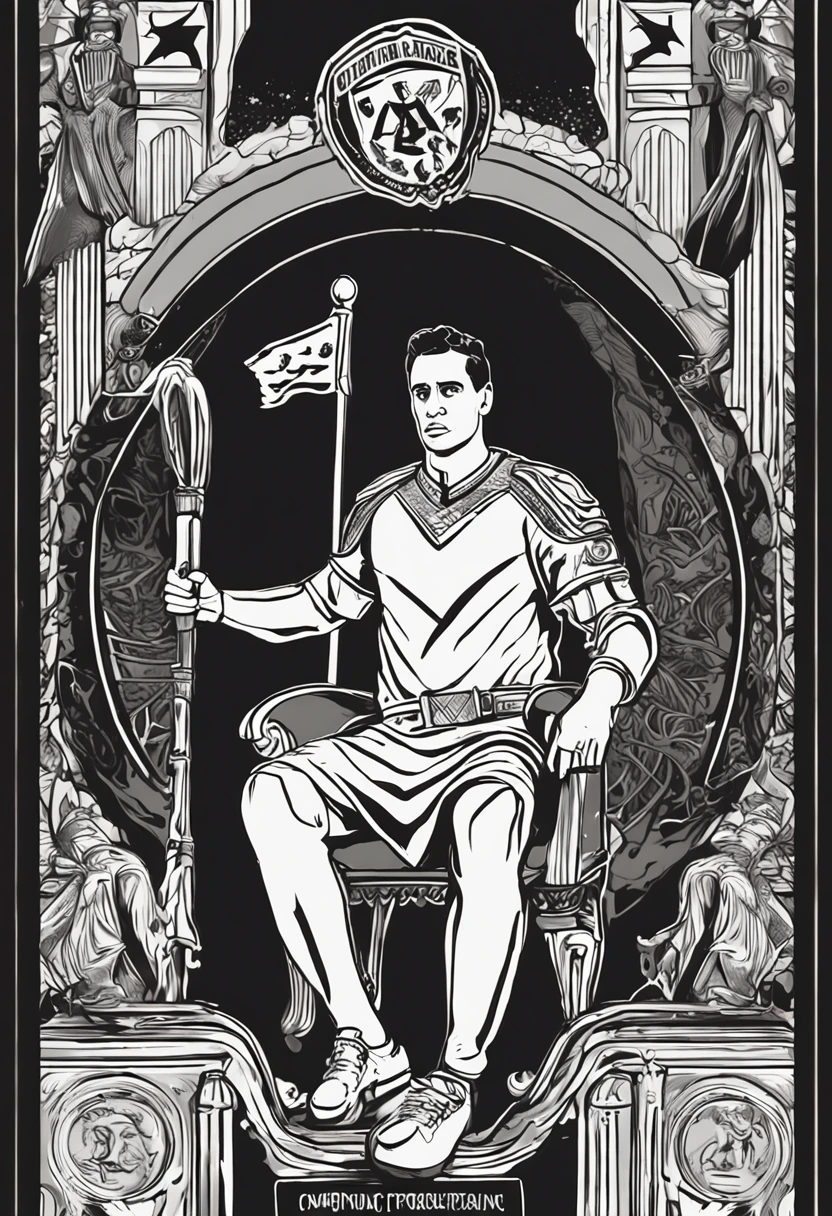 Create the image of Renato Augusto from the Corinthians team, Wearing a Corinthian shirt and the cloak of a king who sits on a throne and commands the helm, There is a ball in the foot, In this photo,I want to be clear about his majesty and his power, High resolution of vibrant colors, A detailed, And as realistic as possible, In the background of the image, The Corinthians flag will be the key point to show his reign