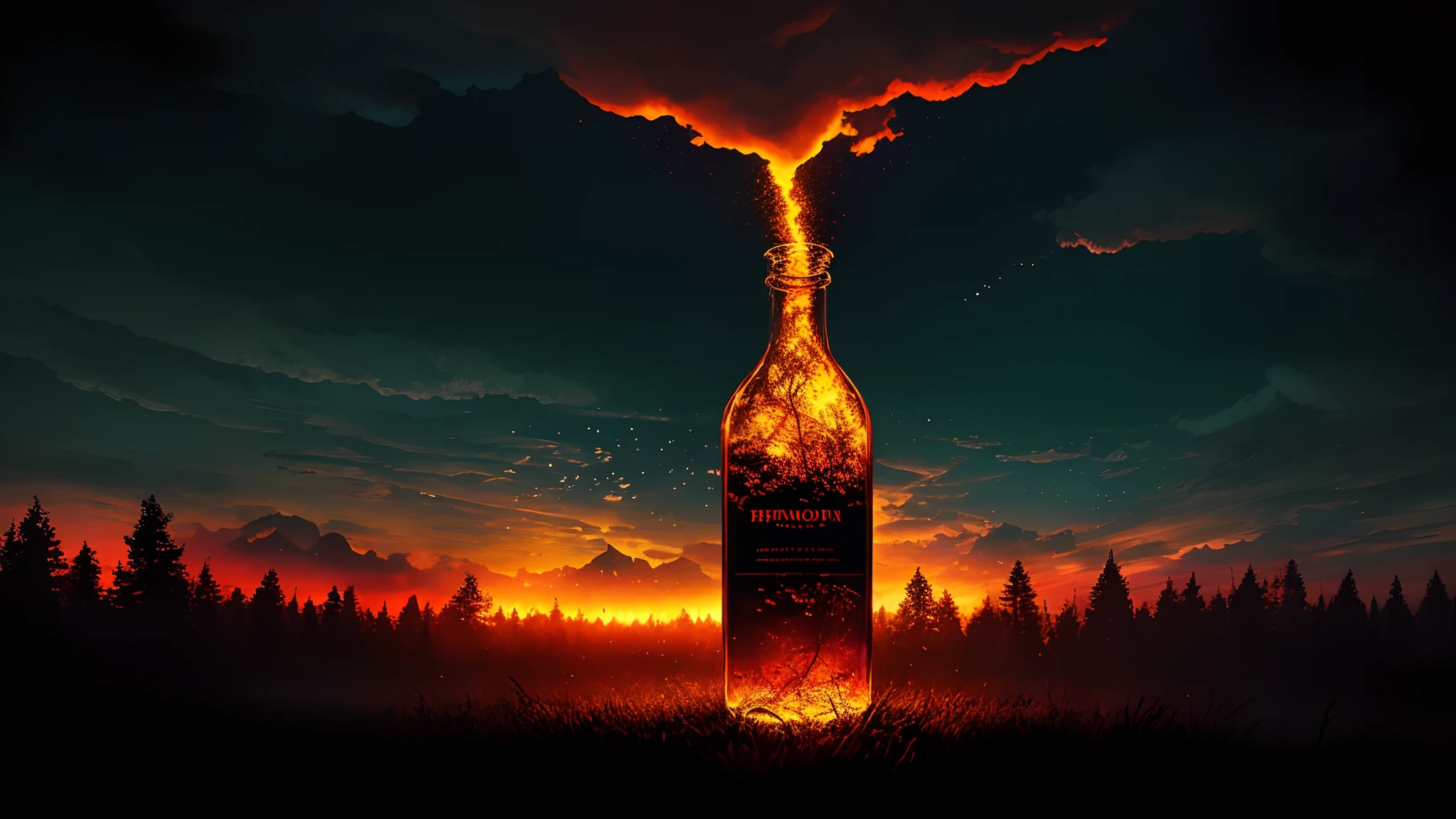 Forest in clear glass bottles,Fly in mid-air,Atmospheric refraction,Dreamy details,Crimson fire burning clouds