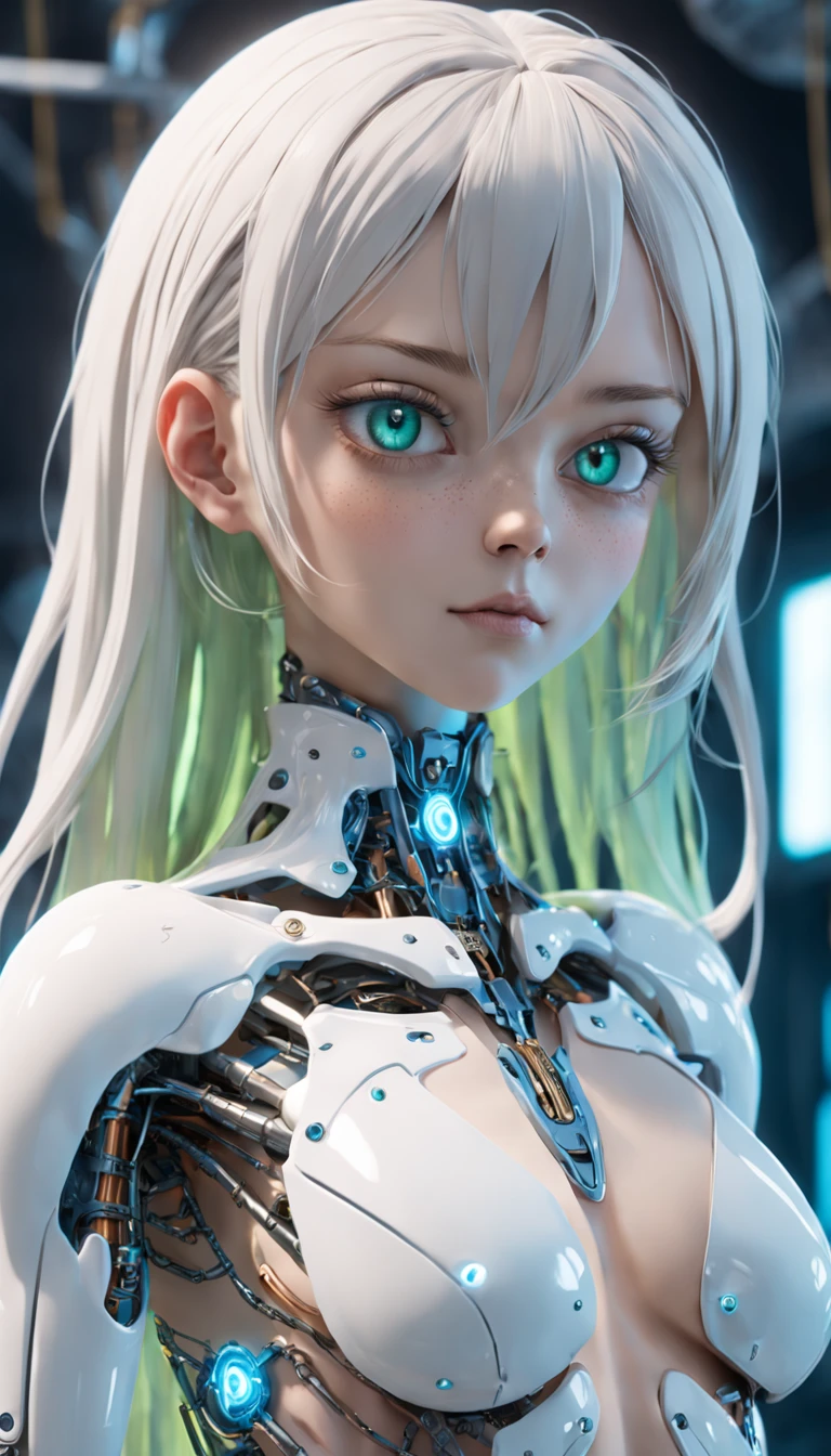 complex 3d render ultra detailed of a beautiful porcelain woman android face, cyborg, robotic parts, 150 mm, beautiful studio soft light, rim light, vibrant details, luxurious cyberpunk, lace, hyperrealistic, anatomical, electric wires, microchip, elegant, laboratory in the background, octane render, H.R Giger style, 8k,blue hair,inverted bob hairstyle,translucent plastic body,serene glowing eyes,green eyes, Miki Asai Macro photography, close-up, hyper detailed, trending on artstation, sharp focus, studio photo, intricate details, highly detailed, by greg rutkowski