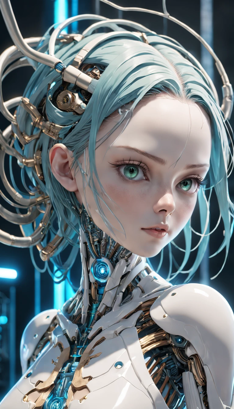 complex 3d render ultra detailed of a beautiful porcelain woman android face, cyborg, robotic parts, 150 mm, beautiful studio soft light, rim light, vibrant details, luxurious cyberpunk, lace, hyperrealistic, anatomical, electric wires, microchip, elegant, laboratory in the background, octane render, H.R Giger style, 8k,blue hair,inverted bob hairstyle,translucent plastic body,serene glowing eyes,green eyes, Miki Asai Macro photography, close-up, hyper detailed, trending on artstation, sharp focus, studio photo, intricate details, highly detailed, by greg rutkowski