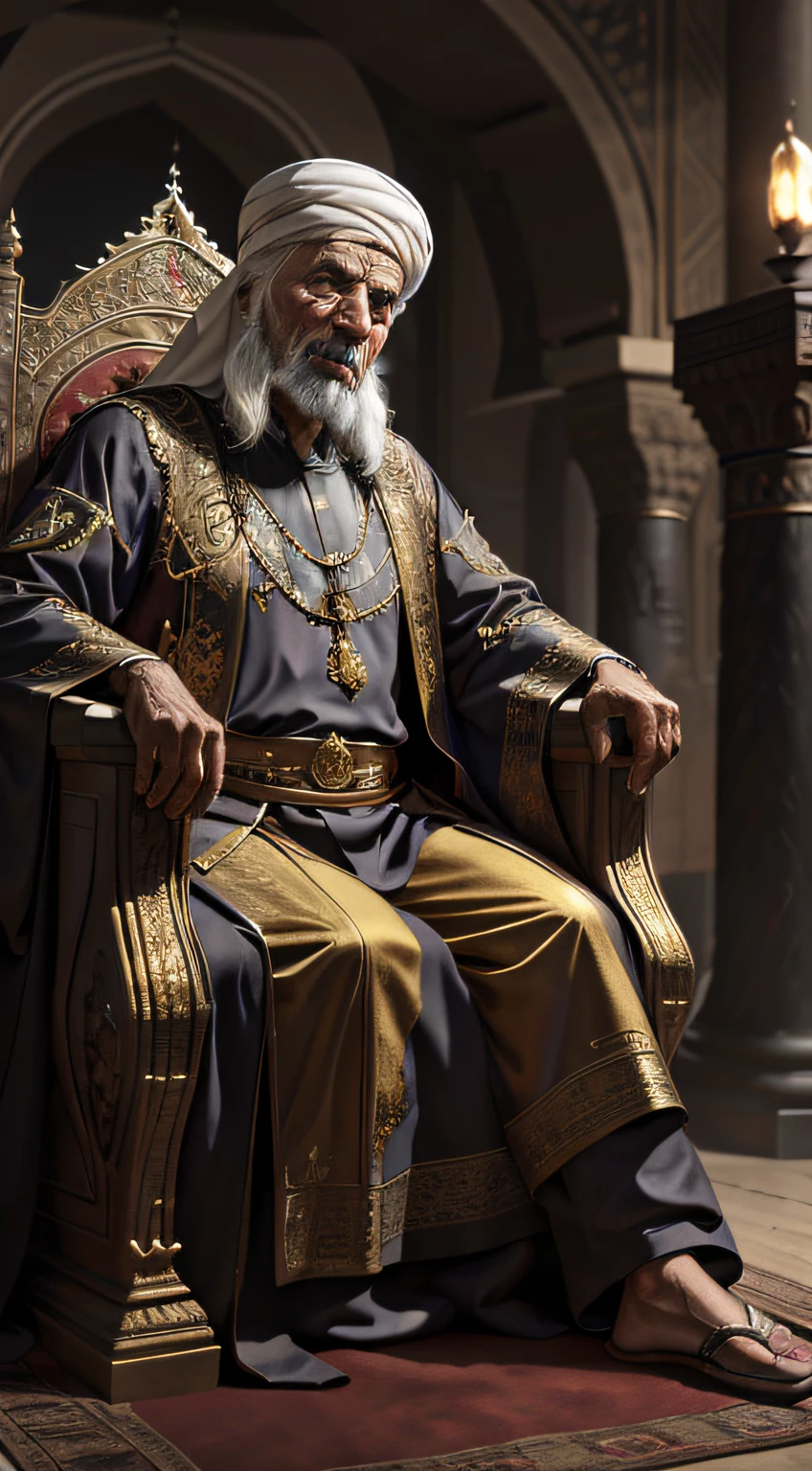 magnificent throne, old Arab man sitting on a throne, medieval Arab, palace, gold, lighting, realistic, detailed,