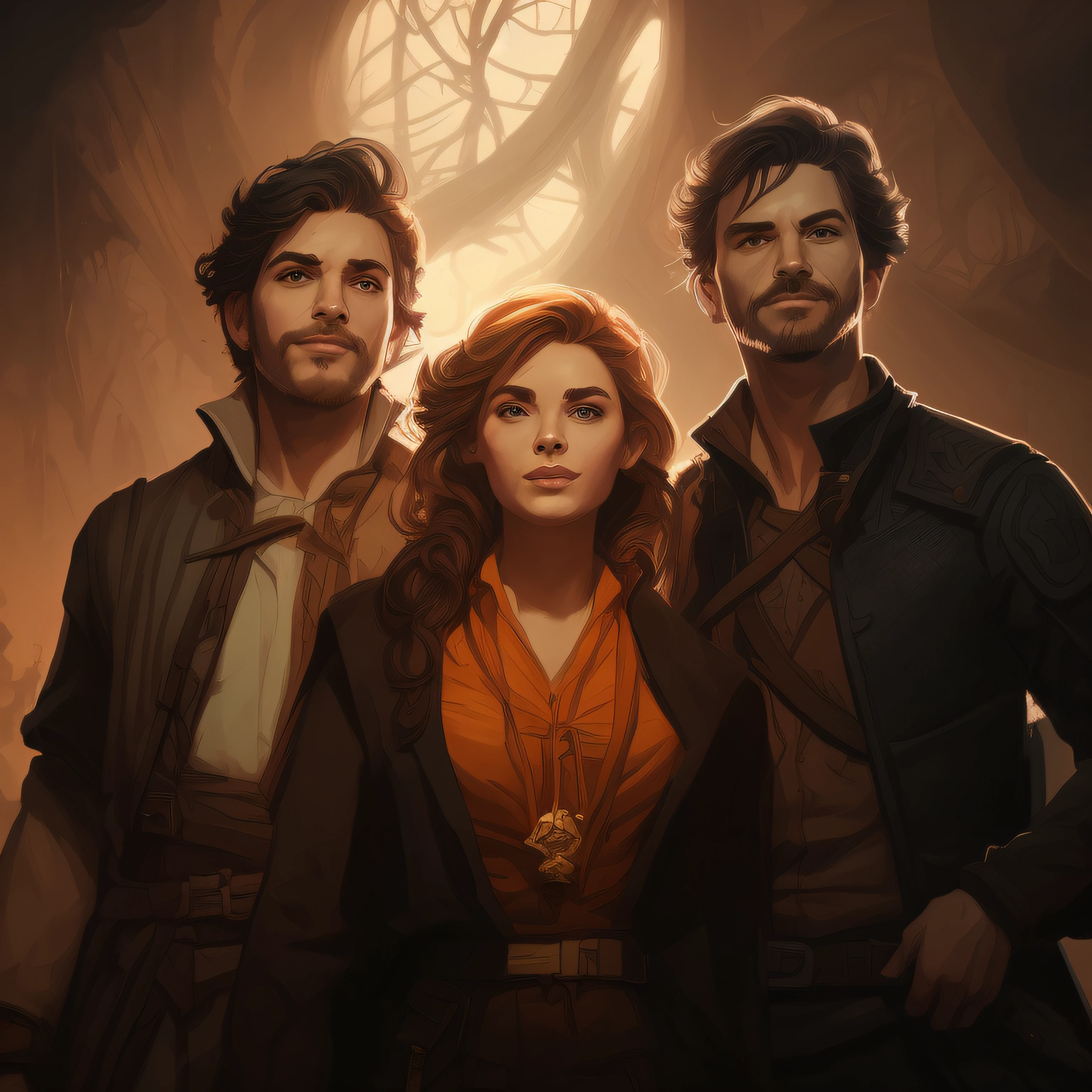 there are three people standing next to each other in a painting, by Galen Dara, d&d portrait, charlie bowater character art, promotional art, dungeons and dragons portrait, key art, official illustration, trinity, graphic artist magali villeneuve, fan art, d & d digital painting, by Aleksander Gine, epic rpg portrait