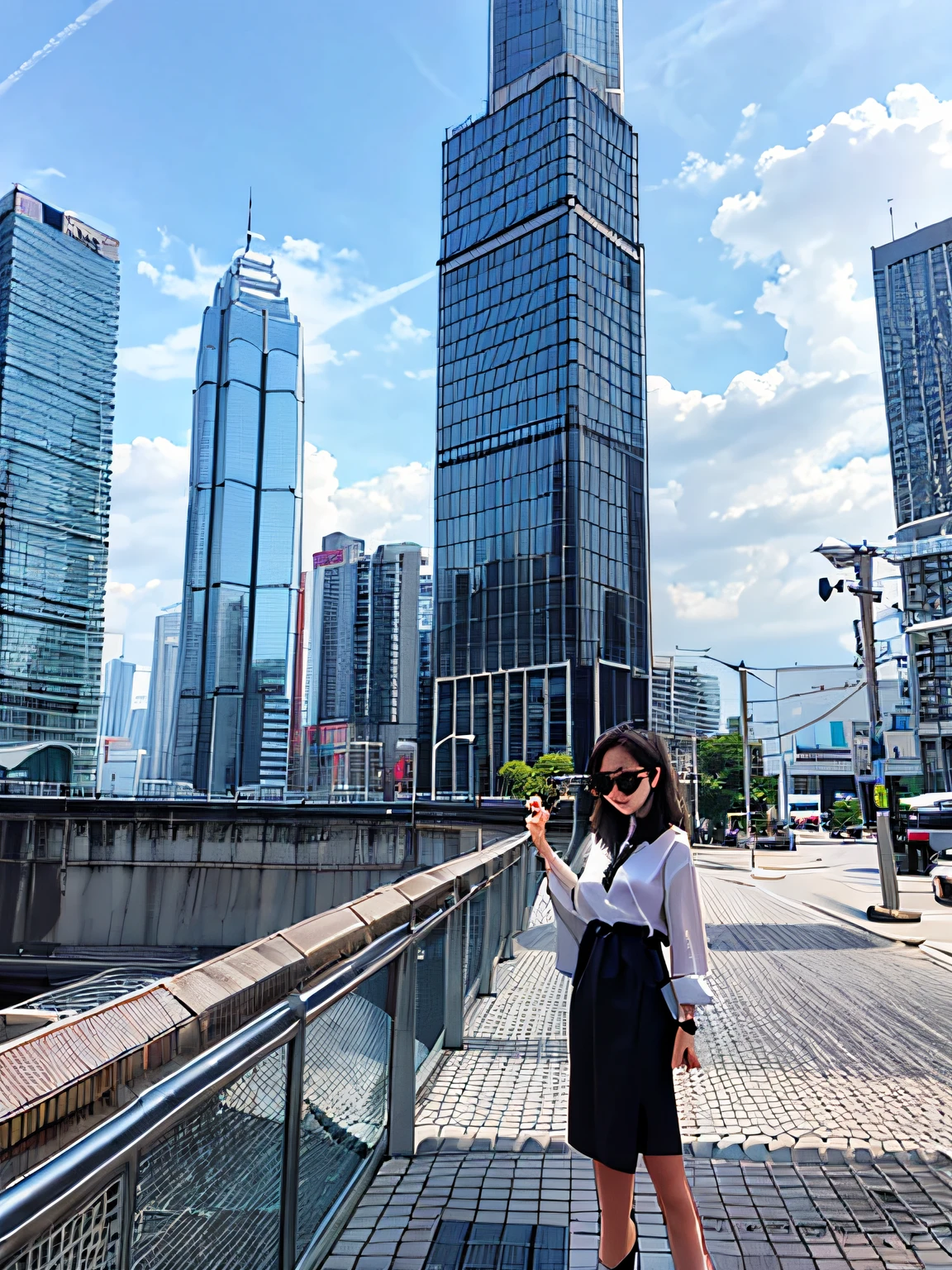 An Araki woman in a white shirt and black dress stands in front of a building, in hong kong, with tall glass skyscrapers, Skyscrapers in the background, with the city as the background, shot with iphone 1 0, tall buildings on the sides, with shiny glass buildings, 🕹️ 😎 🚬, standing in a city center