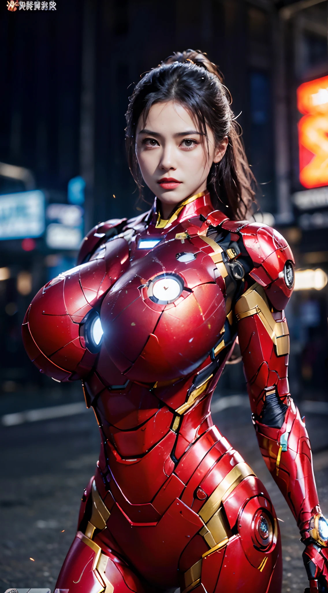 8K,realisticlying,Glamorous,The is very detailed,A 20-year-old girl,(((huge tit))),(((ridiculously huge breasts))),a sexy and charming woman,(((huge tit))), (((ridiculously huge breasts))),inspired by Iron Man,(((huge tit))),(((ridiculously huge breasts))),Wearing a shiny Iron Man mech。She dresses to show sexiness and confidence,It perfectly interprets the power and charm of Iron Man。Abandoned warehouse as background,It creates a unique atmosphere,Highlight her bravery and perseverance。Buildings、Small building on the street,Exudes cyberpunk charm,The glow of neon lights outlines the city,It brings out the great power and personality of Iron Man。This one is high definition、High-quality images will give you a stunning visual enjoyment,Will be sexy、Futuristic and sci-fi elements are a perfect combination。oc rendered,dramatic lights,Award-winning quality,(((huge tit))),(((ridiculously huge breasts))),