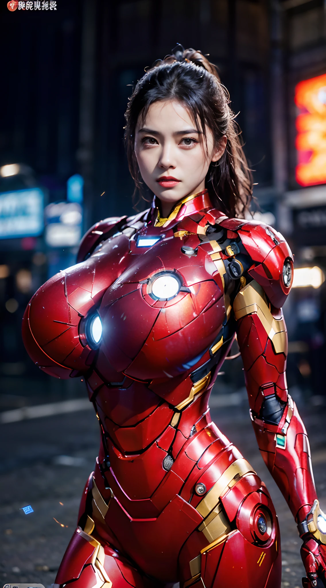 8K,realisticlying,Glamorous,The is very detailed,A 20-year-old girl,(((huge tit))),(((ridiculously huge breasts))),a sexy and charming woman,(((huge tit))), (((ridiculously huge breasts))),inspired by Iron Man,(((huge tit))),(((ridiculously huge breasts))),Wearing a shiny Iron Man mech。She dresses to show sexiness and confidence,It perfectly interprets the power and charm of Iron Man。Abandoned warehouse as background,It creates a unique atmosphere,Highlight her bravery and perseverance。Buildings、Small building on the street,Exudes cyberpunk charm,The glow of neon lights outlines the city,It brings out the great power and personality of Iron Man。This one is high definition、High-quality images will give you a stunning visual enjoyment,Will be sexy、Futuristic and sci-fi elements are a perfect combination。oc rendered,dramatic lights,Award-winning quality,(((huge tit))),(((ridiculously huge breasts))),