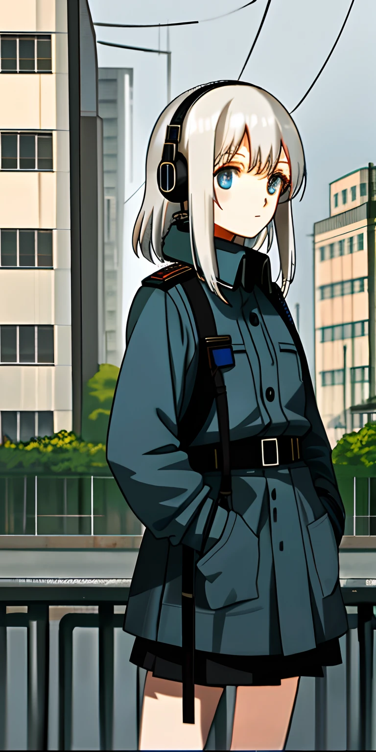 after rainny,1girl,Dark gray stasi uniform,white color hair,blue color eyes,Monitor headphones,Downtown East Germany,City of East Berlin,Classical station