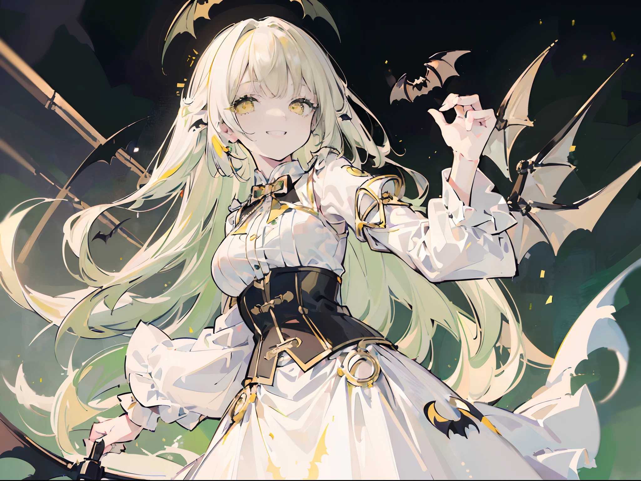((white skirt)),(green hair)), ((long hair)), ((white skirt)),((black corset dress)),((8K)), ((masterpiece)),(()) ((highly detailed face)),((medium breast)),((solid circle eyes)),((bat wing:1.3)),((yellow eyes)),((god ray)),((detailed shading)),((depth of field)),((smile in a grin:1.3)),((from below))