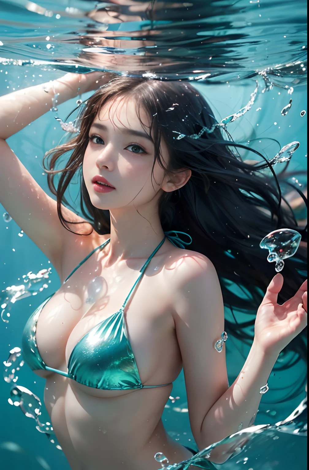 ((Clear focus、high-definition picture、realphoto、natural soft light、Real Art))、One girl、((Best Beautiful Girl、Refreshing look、Elaborate face、eyes large、二重まぶた、Pleasant look、waterface))、vague、white clouds、Sunset、blue open sky、Micro Bikini Swimsuit、Tangier、water bubbles、Fine Form、Expressing the flow of water、brilliance、Beautiful water surface、Swim underwater、emerald green、(Beautiful images、Beautiful girl swimming in water、Blue shiny bikini、Flowing bubbles、The sparkling surface of the water seen from underwater)