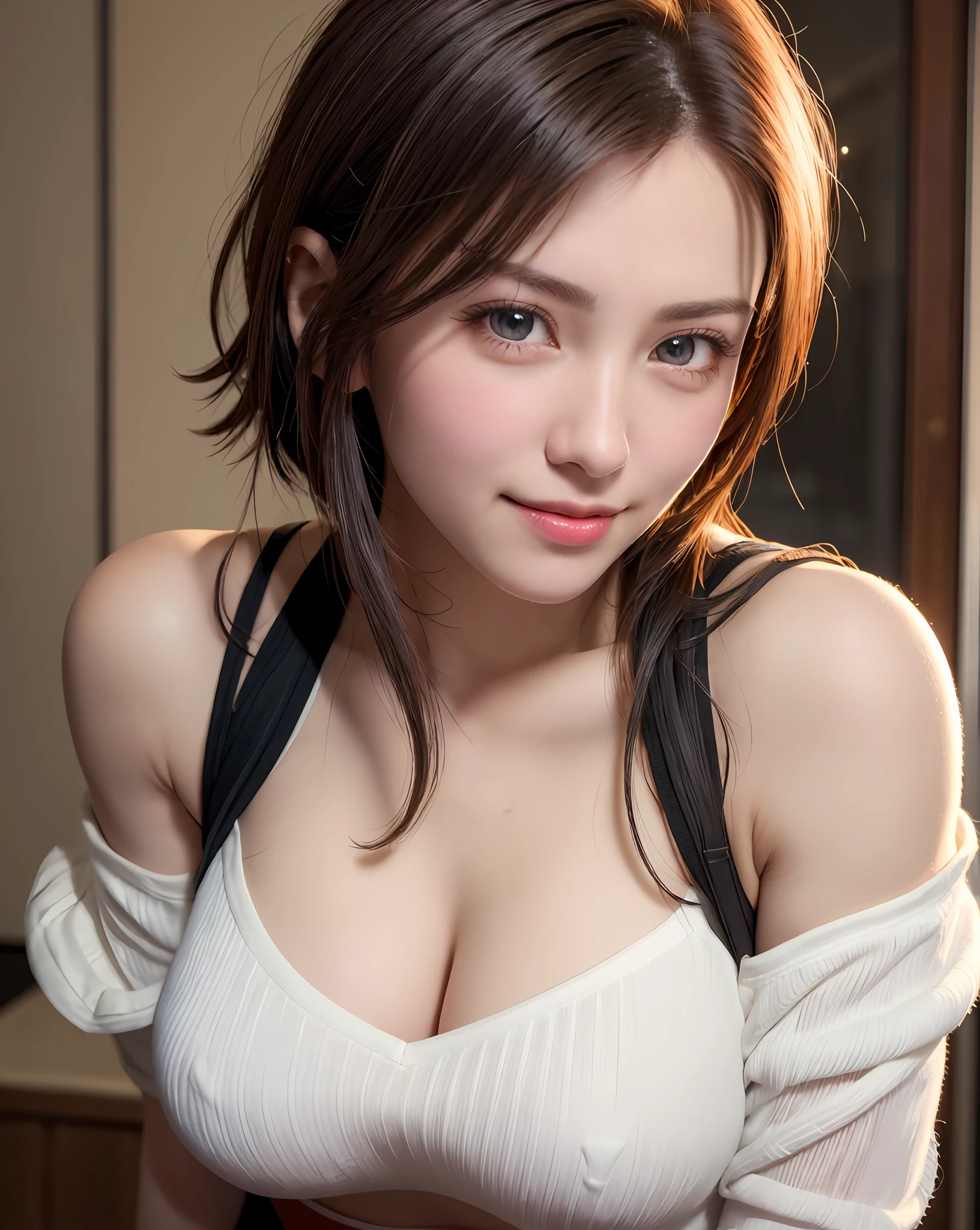 Best Quality, Ultra High Resolution, (Photorealistic: 1.4), Beautiful Eyes, Super Beautiful, Very Short Hair, Beautiful, Sweetheart, T-shirt with Rough Chest, Beautiful Soldier, Eyes That Invite Viewer, Lover's Perspective, Inviting Expression, Sexy Smile, Perfect Style, Perfect Balance, Detailed Skin, Naughty Gaze, Chest Visible