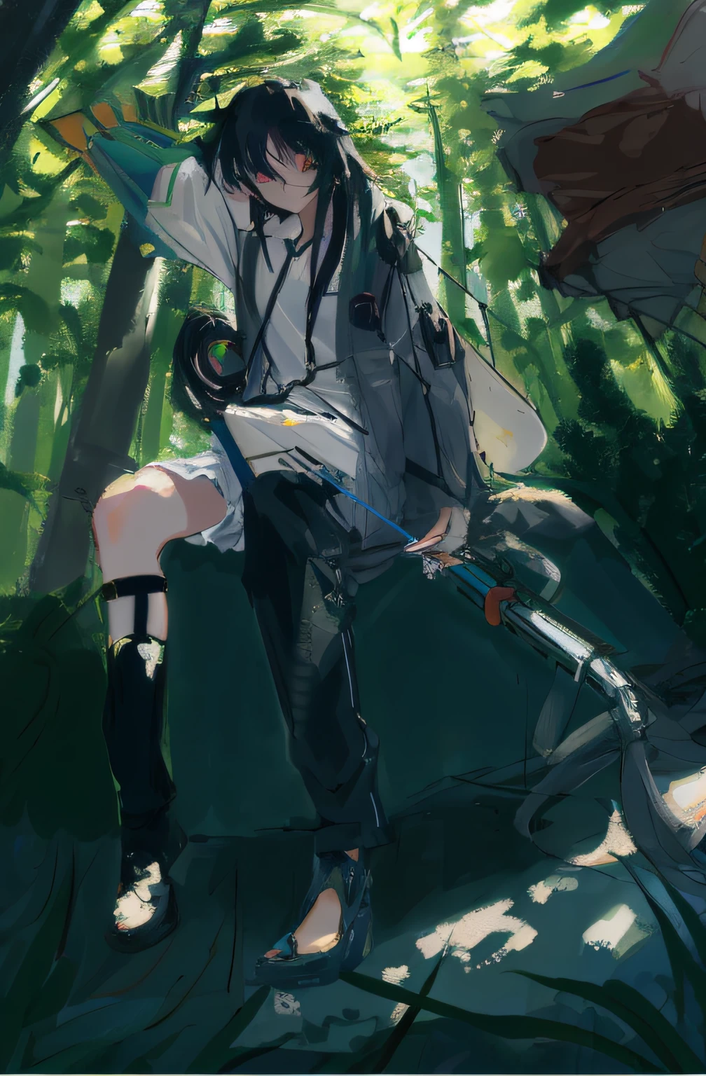 Anime girl with long hair and black hair holding compound bow, in jungle