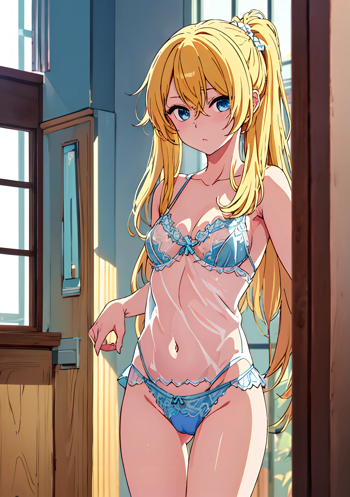 "(A true masterpiece with the best quality), featuring a female version of aquamarine hoshino from oshi no ko in nsfw lingerie, looking shy but also showing off her beauty. She has long yellow hair and very detailed blue eyes. She has a small face and large eyes which shows off her cute face. She has a medium-sized chest and a captivating cleavage, with panties that are slightly see-through and revealing. The hint of a nip adds an extra layer of sensuality to this stunning image.", 1 girl, solo, cowboy shot