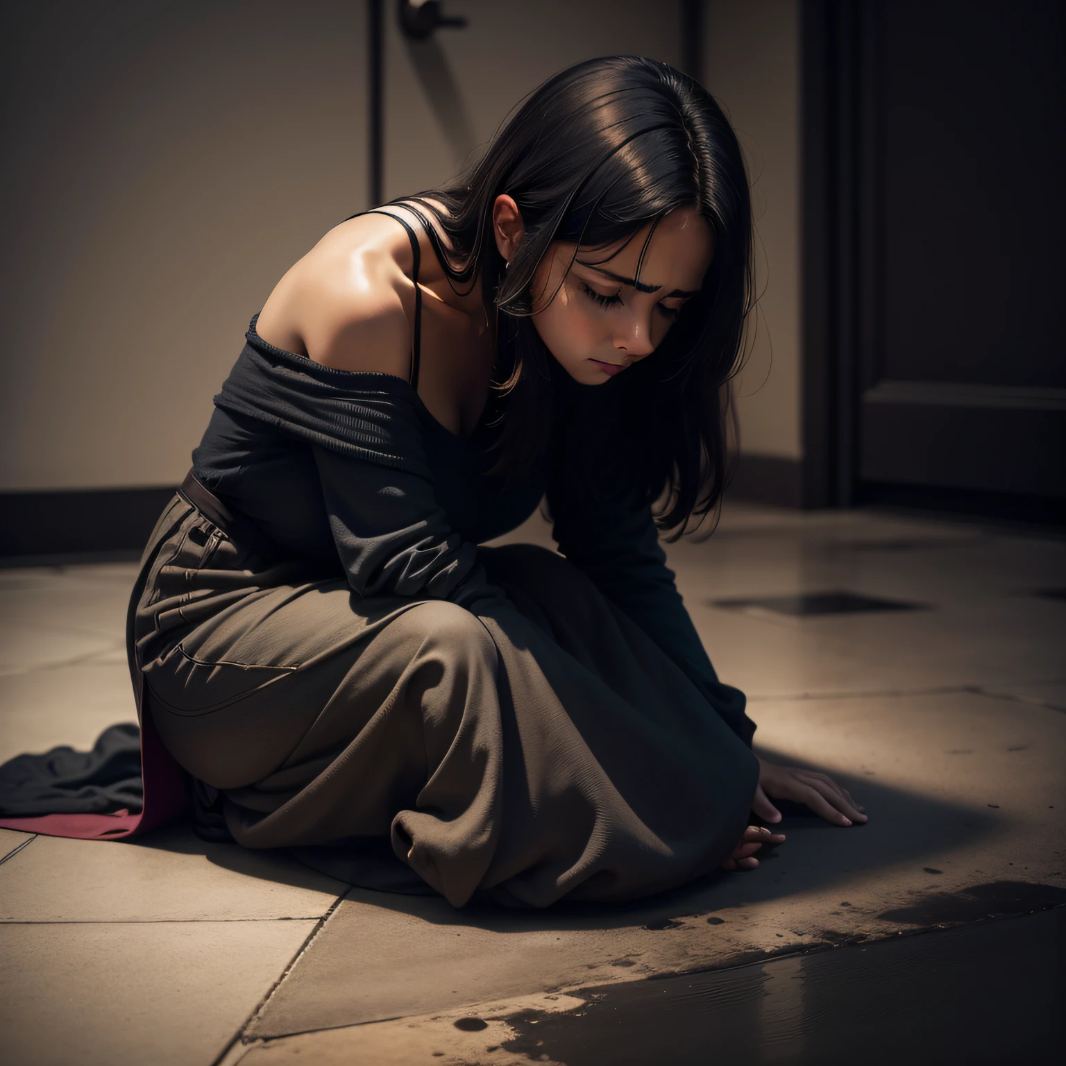 woman looking at the floor with her shoulders slumped. dark environment, with darker colors and muted tones.