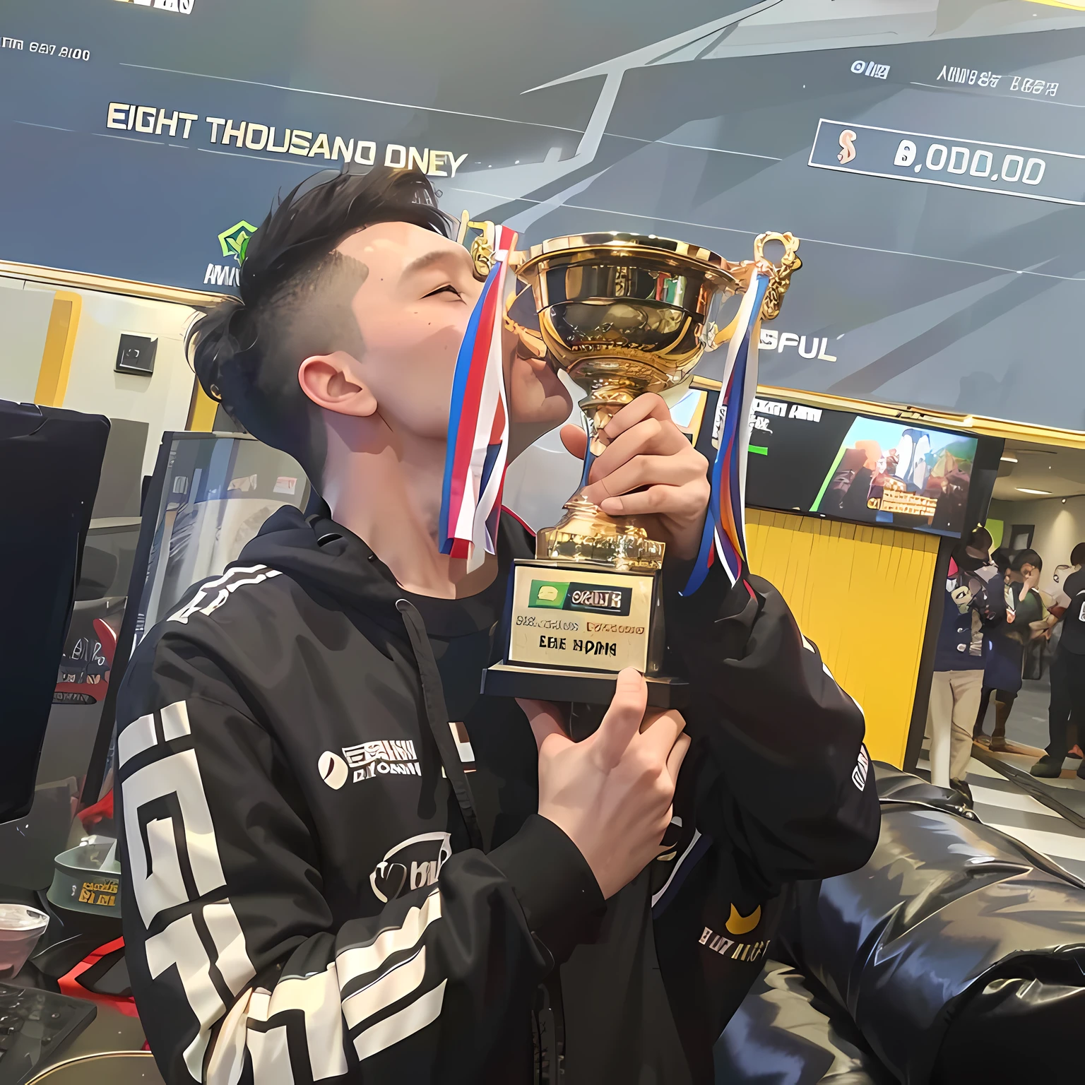 there is a man holding a trophy in his hand at the airport, esports, wenjun lin, winning, highlight, heise jinyao, by Kanbun Master, twitch streamer / gamer ludwig, octa 8k, gamer, 🚀🚀🚀, profile picture 2048px, jinyiwei, loong, trending ，, ross tran and bayard wu