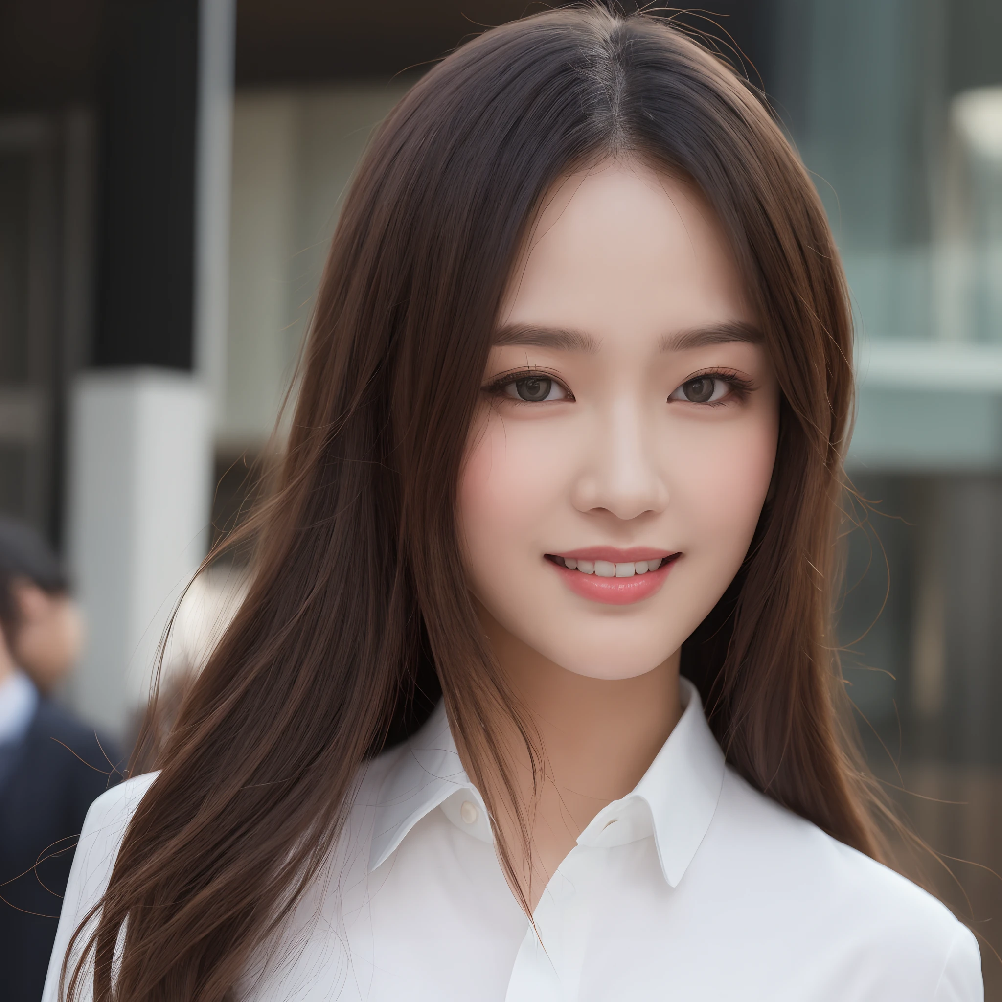 ((Best Quality, 8k, Masterpiece: 1.3)), 1 girl, smile, full body, slim face, pretty woman, short dark brown hair, white crisp shirt on upper body, black straight suit pants on upper body, high heels, super detailed face, detailed eyes, double eyelids, blurred background, slim face, tall building.