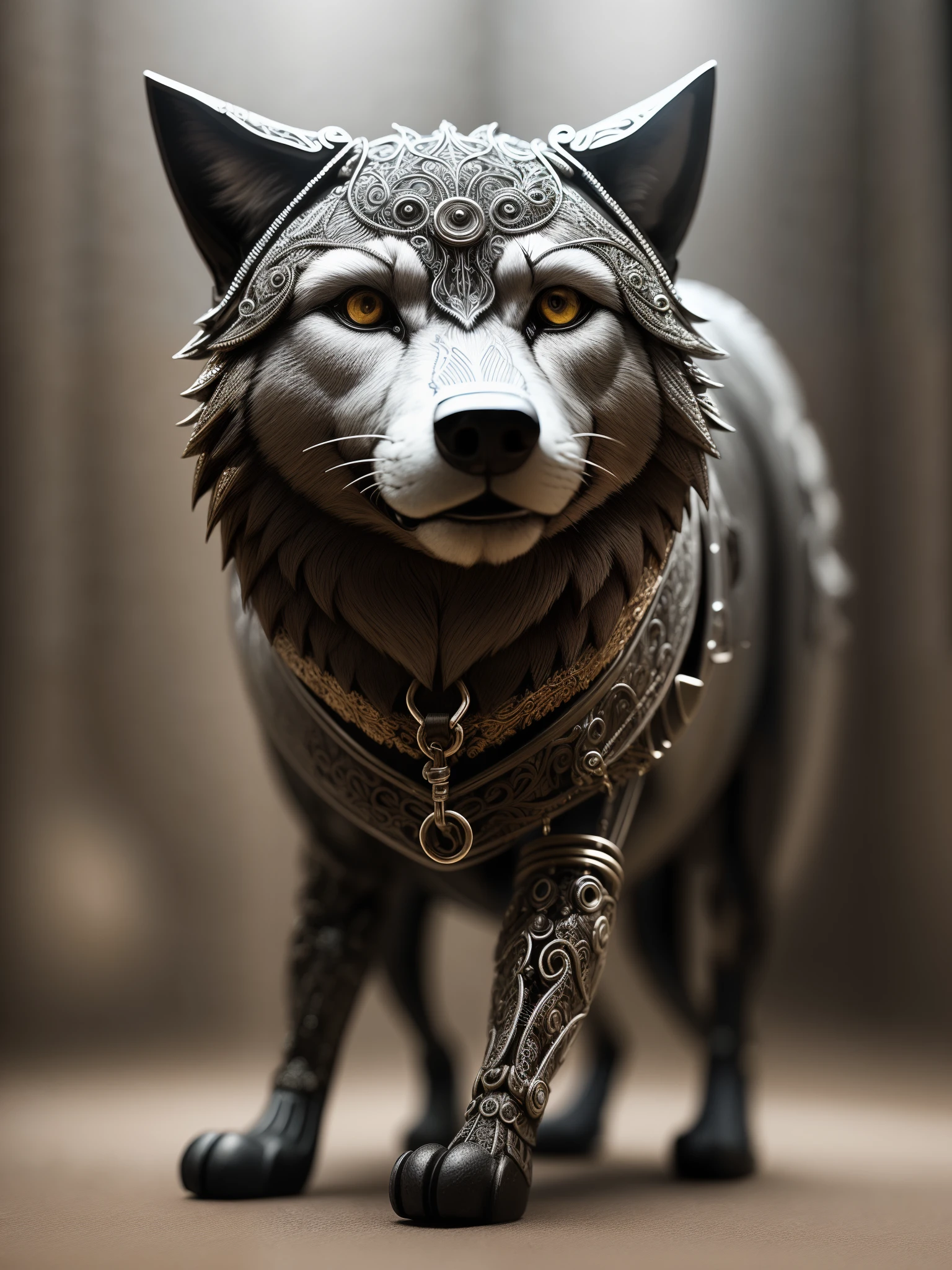 a cute wolf made out of metal, (cyborg:1.1), ([tail | detailed wire]:1.3), (intricate details), hdr, (intricate details, hyperdetailed:1.2), cinematic shot, vignette, centered