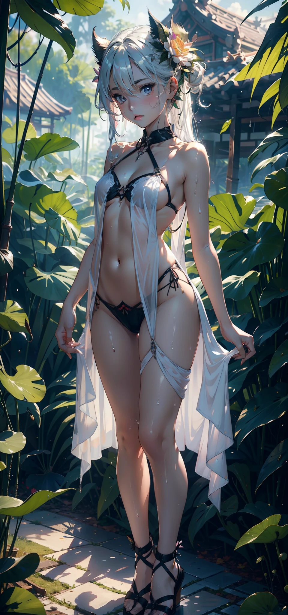 1female,,bit girl,Small loli,smalluboob,Pornographic exposure, 独奏,(Background with:bamboo forrest,lotuses,lotus flower,exteriors,Lotus pond) She has short silver-white hair,standing on your feet,Sweat profusely,drenched all over the body,seen from the front, hair straight, mostly cloudy sky,(((tmasterpiece),(Very detailed CG unity 8K wallpaper),best qualtiy,cinmatic lighting,detailed back ground,beatiful detailed eyes,Bright pupils,Black eyes,(Very fine and beautiful),(Beautiful and detailed eye description),ultra - detailed,tmasterpiece,)),facing at camera,A high resolution,ultra - detailed),revealing breasts,Bare genitalia, Bulge,legs are open,Raised sexy,Camel toes,Flushed complexion,Open-mouthed,frontage,elementary student,Floral headdress(Wearing a revealing loli dress,Slavrl collar)Full body photo,Show shoes