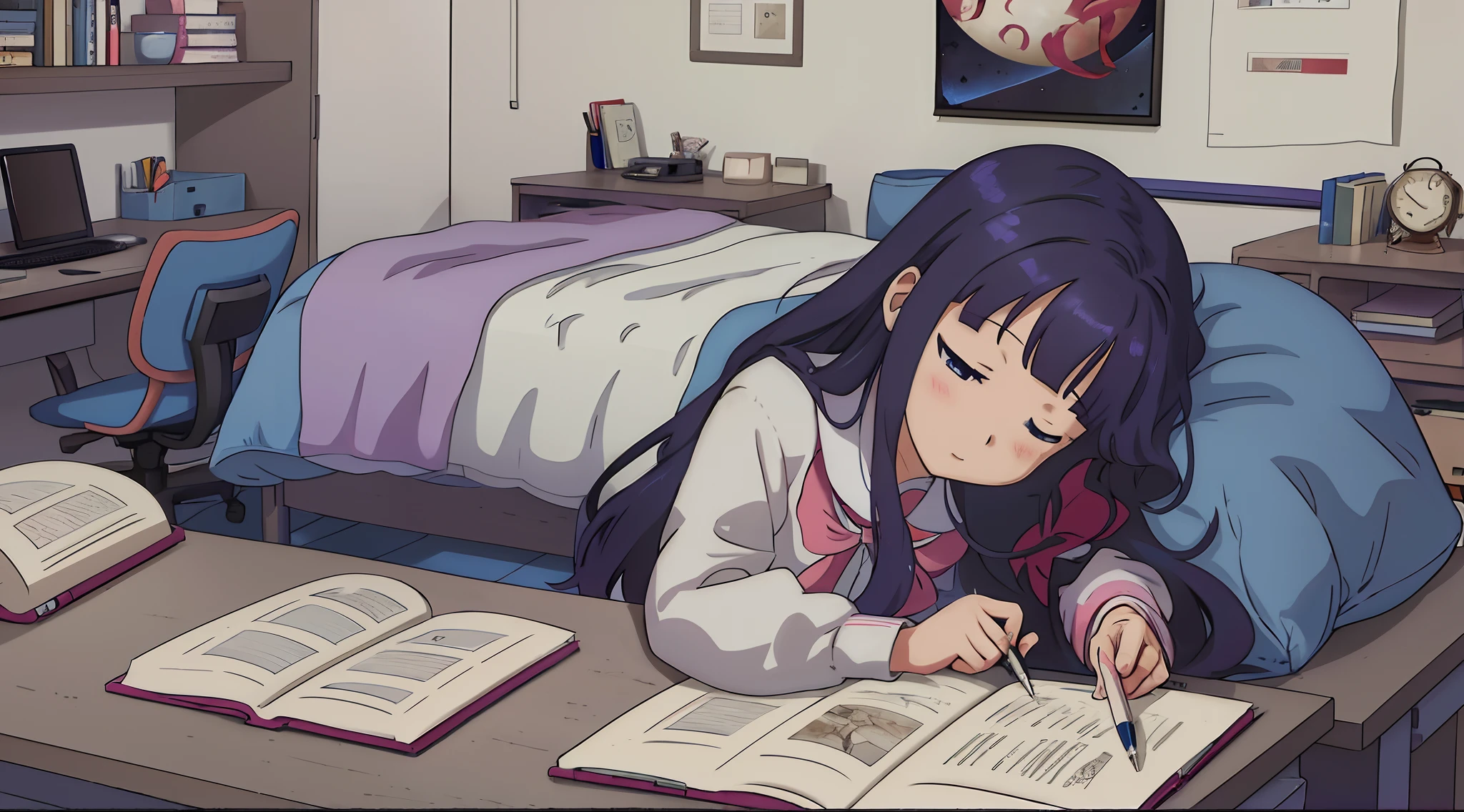 Anime girl sitting at desk with pen and book, Studying, trying to study, anime moe art style, studyng in bedroom, marin kitagawa fanart, nffsw, ; visual novel, Anime Art Style, anime style 4 k, studious, studying in a brightly lit room, Anime art wallpaper 8k, 4 k manga wallpaper, anime art style、Study by the window、It's midnight outside