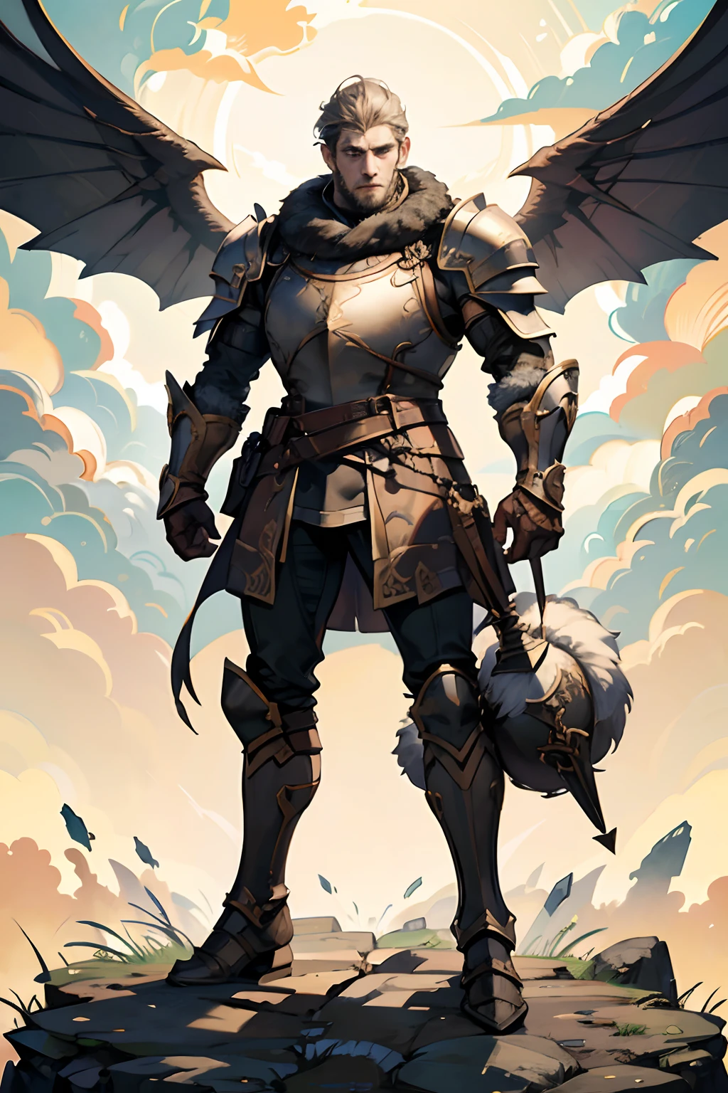 Game character standing drawing design,Disney animation,style of disney animation,an heavyknight,Quaint and heavy armor,Fur shoulders,Stout limbs,Muscle explosions,Equipped with huge riding guns,Different layers overlay,Different angles,(Left view full body:1.4),solid color backdrop,clean backdrop,depth of fields,high light,Real light,Ray traching,OC renderer,UE5 renderer,Hyper-realistic,best qualtiy,8K,Works of masters,super-fine,Detailed pubic hair,Correct anatomy,