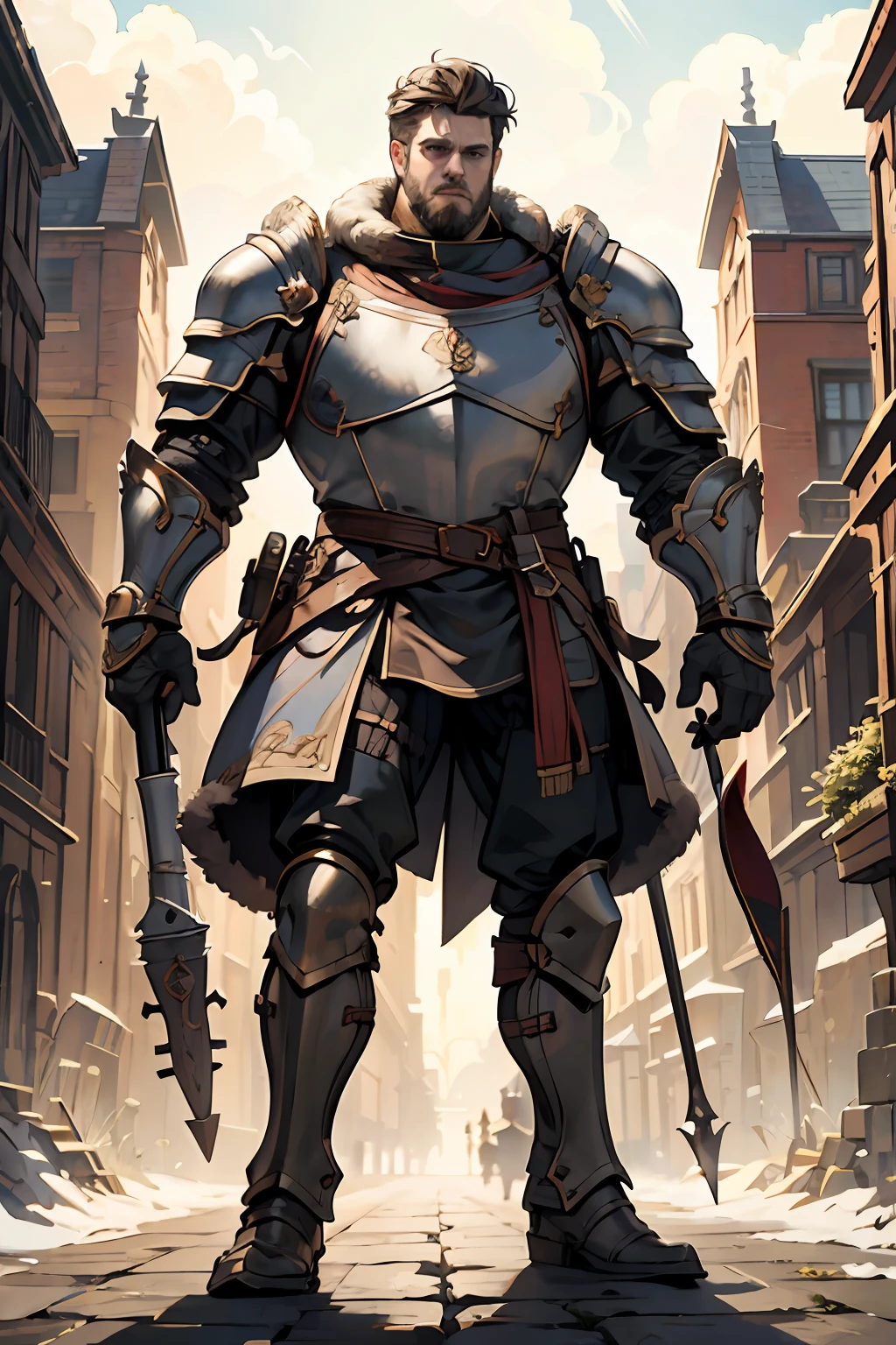 Game character standing drawing design，Disney animation，style of disney animation，an heavyknight，Quaint and heavy armor，Fur shoulders，Stout limbs，Muscle explosions，Equipped with huge riding guns，Different layers overlay，Different angles，（Left view full body：1.4），solid color backdrop，clean backdrop，depth of fields，high light，Real light，Ray traching，OC renderer，UE5 renderer，Hyper-realistic，best qualtiy，8K，Works of masters，super-fine，Detailed pubic hair，Correct anatomy，