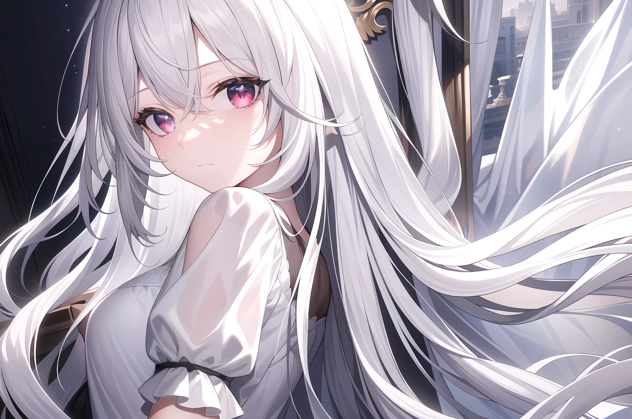 ((Masterpiece, Best quality))++, Detailed light+, Detail hair+, detail hand+ ,1girll, woman, Long hair, Crimson eyes, Beautiful eyes, Young gray hair,,(Beautiful white hair:1.5),(Beautiful detailed eyes), high resolution+, blacksilk , a black skirt, Glass tones, Reflective eyes, {{Angle}} , extremelydetailedwallpaper, Original, ,