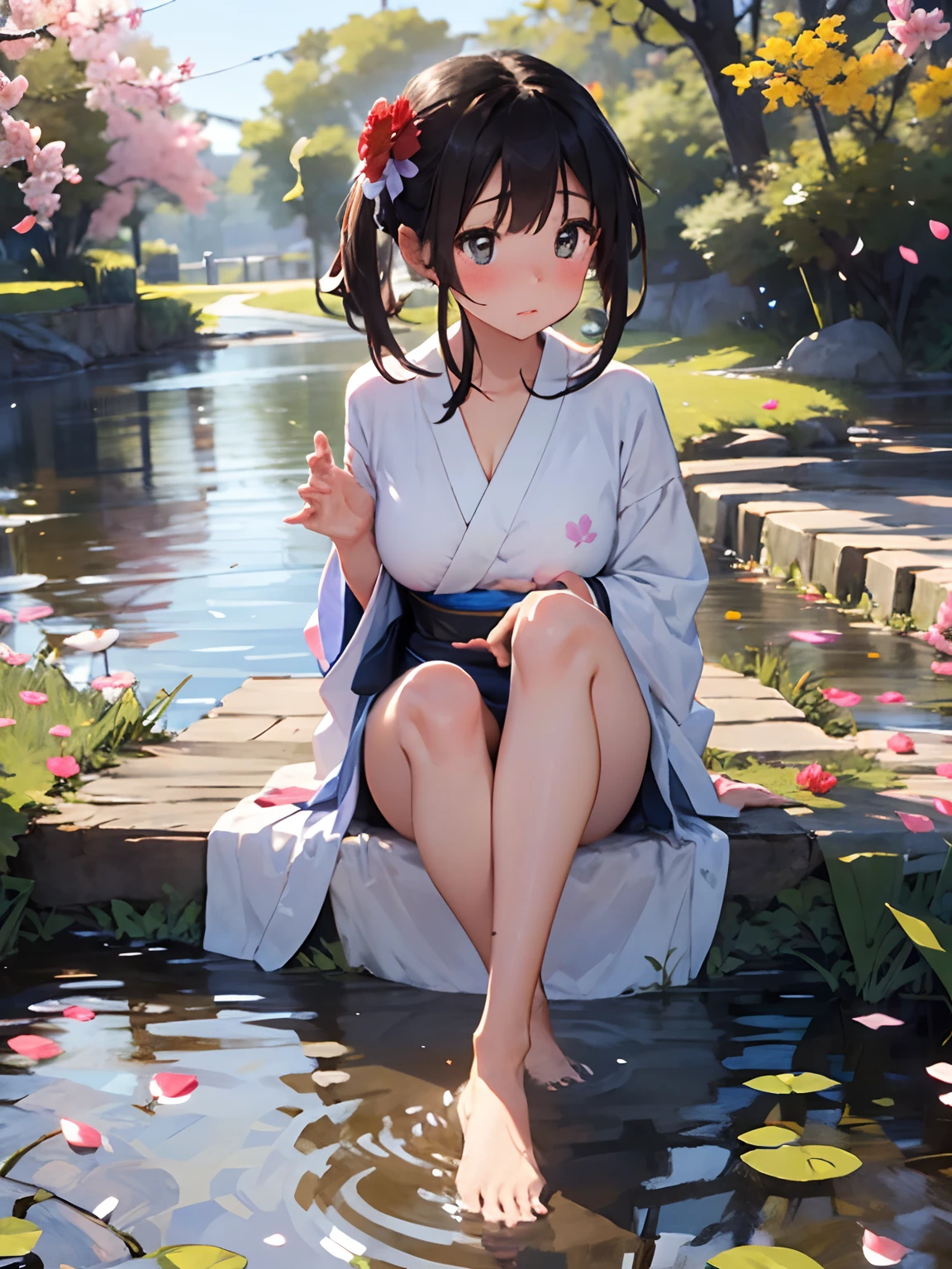 1girl, solo, beautiful, cute, perfect girl body figure, light coloured kimono with flower pattern, red blush, full body, flower petals, beautiful background, cleavage, boobs, long kimino, sitting near a pond with her feets in water, flower petals in water, countryside