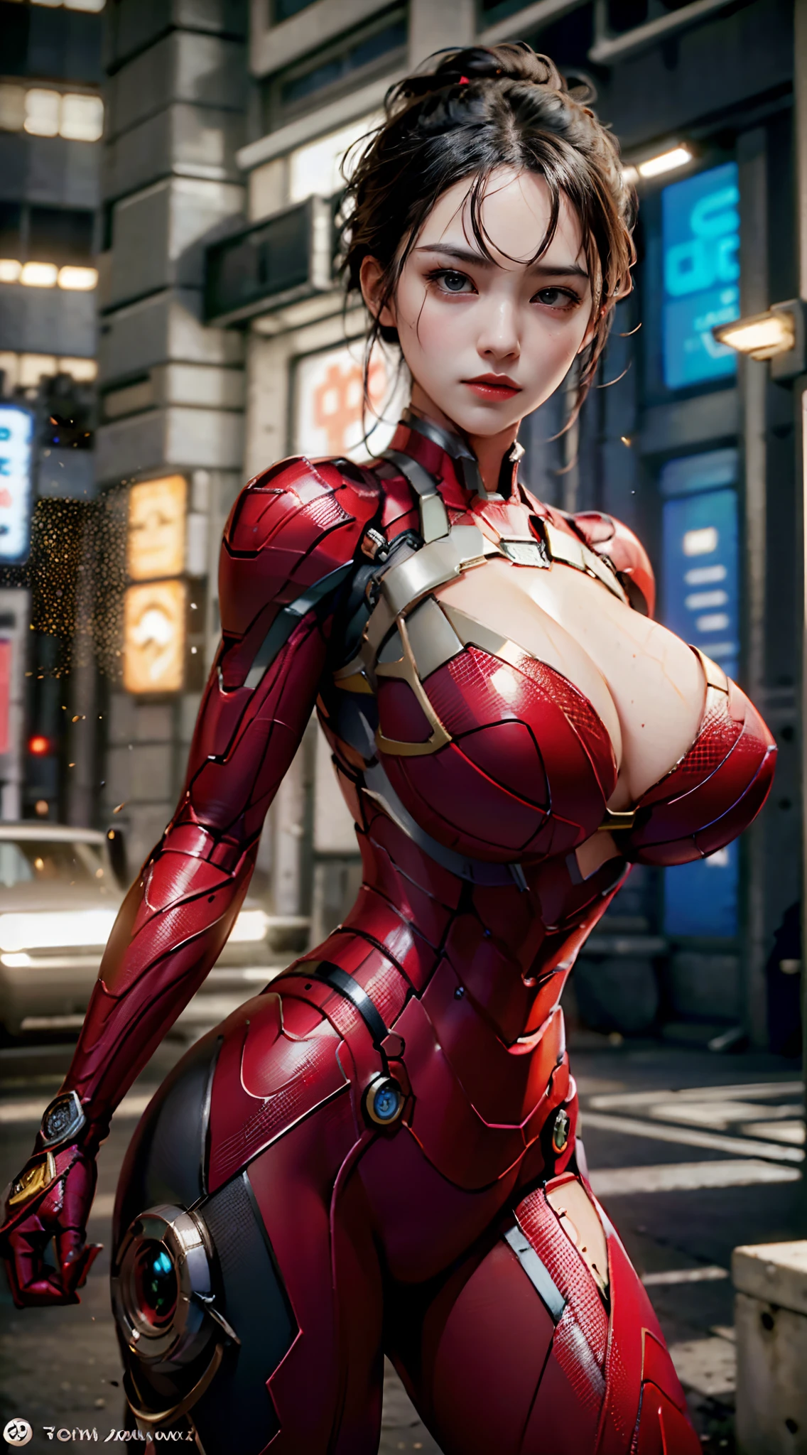 8K,realisticlying,Glamorous,The is very detailed,A 20-year-old girl,(((huge tit))),(((ridiculously huge breasts))),a sexy and charming woman,(((huge tit))), (((ridiculously huge breasts))),inspired by Iron Man,(((huge tit))),(((ridiculously huge breasts))),Wearing a shiny Iron Man mech。She dresses to show sexiness and confidence,It perfectly interprets the power and charm of Iron Man。Abandoned warehouse as background,It creates a unique atmosphere,Highlight her bravery and perseverance。Buildings、Small building on the street,Exudes cyberpunk charm,The glow of neon lights outlines the city,It brings out the great power and personality of Iron Man。This one is high definition、High-quality images will give you a stunning visual enjoyment,Will be sexy、Futuristic and sci-fi elements are a perfect combination。oc rendered,dramatic lights,Award-winning quality,(((huge tit))),(((ridiculously huge breasts))),