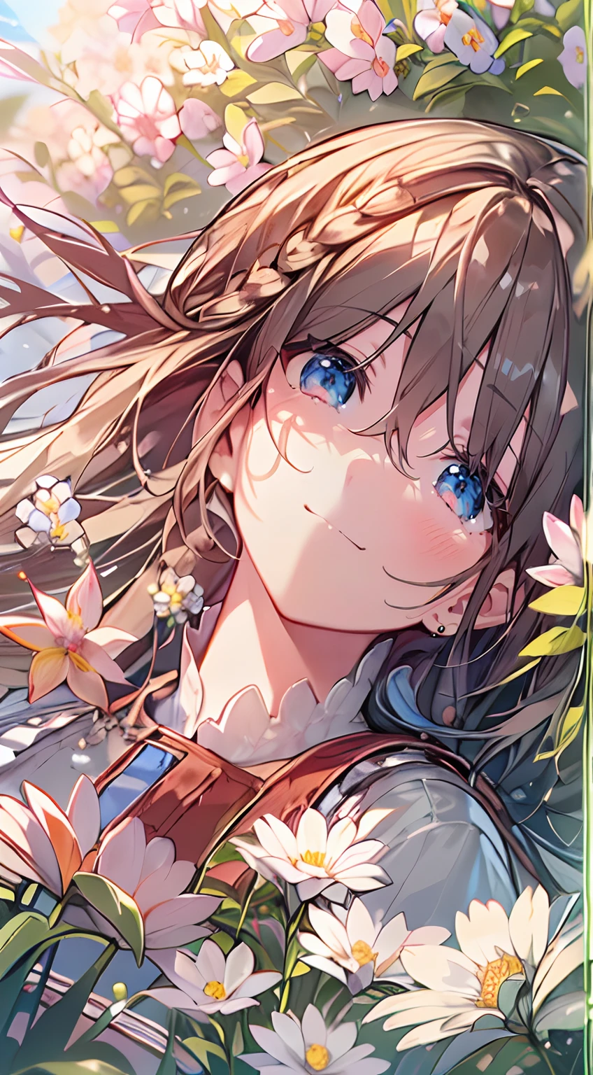 masutepiece, Best Quality,Illustration, Wallpaper, Ultra Detail, Absurd beauty、1 beautiful girl、 (Semi-long hair、short braided hair), Beautiful ultra-detailed eyes , Hair fluttering in the wind、Keep your head small、flower  field、great outdoors、Landscape of the flower garden