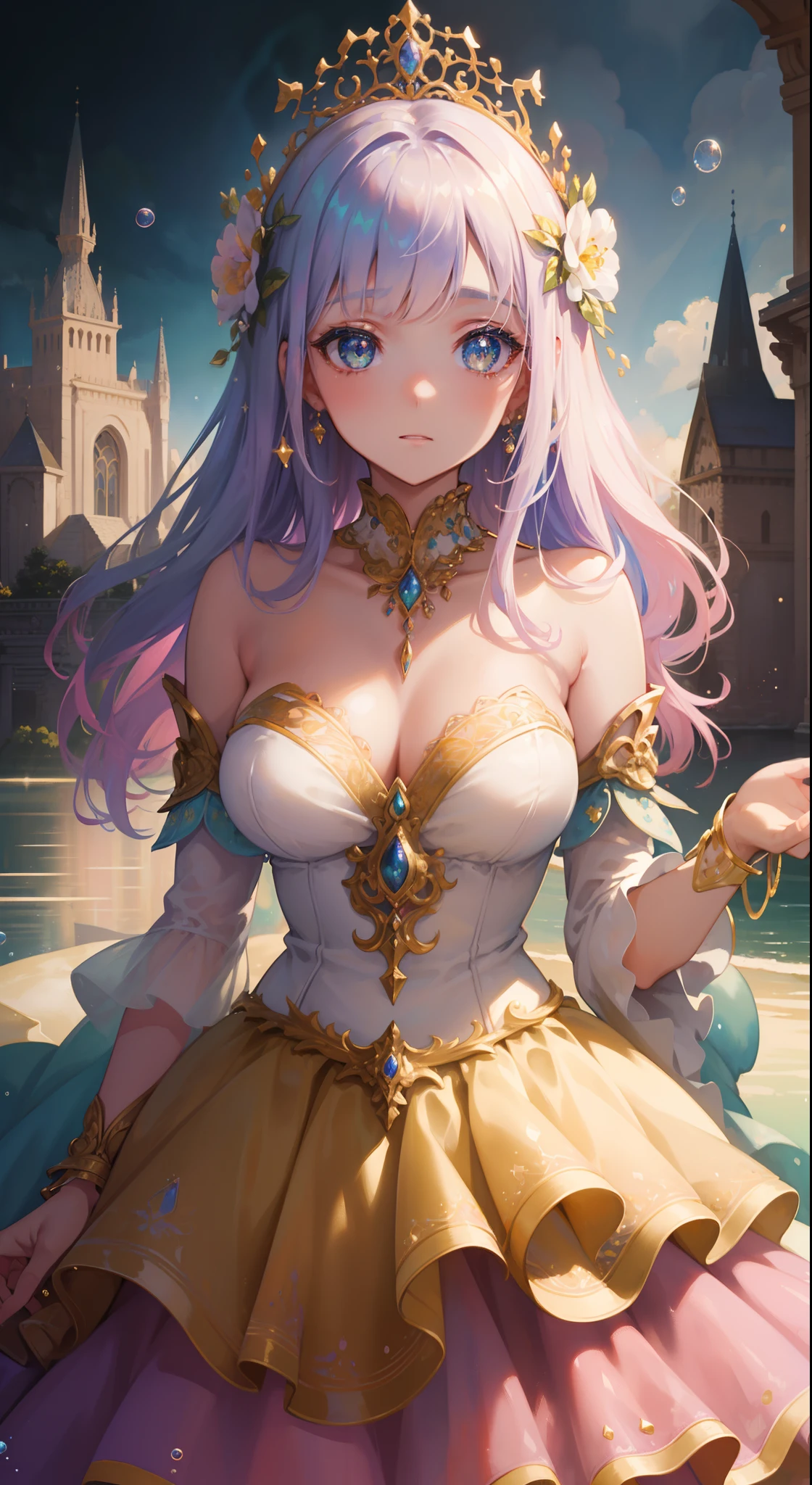 masterpiece, best quality, 8k resolution, sharp focus, intricate detail, beautiful girl, sparkling eyes, golden ratio face, otherworldly liquid, watercolor, pastel colors, bright colors, whimsical, colorful, sharp focus, high resolution, fine detail, ((layered tiered ballgown)), ((round eyes)), iridescent bubbles, fantasia background