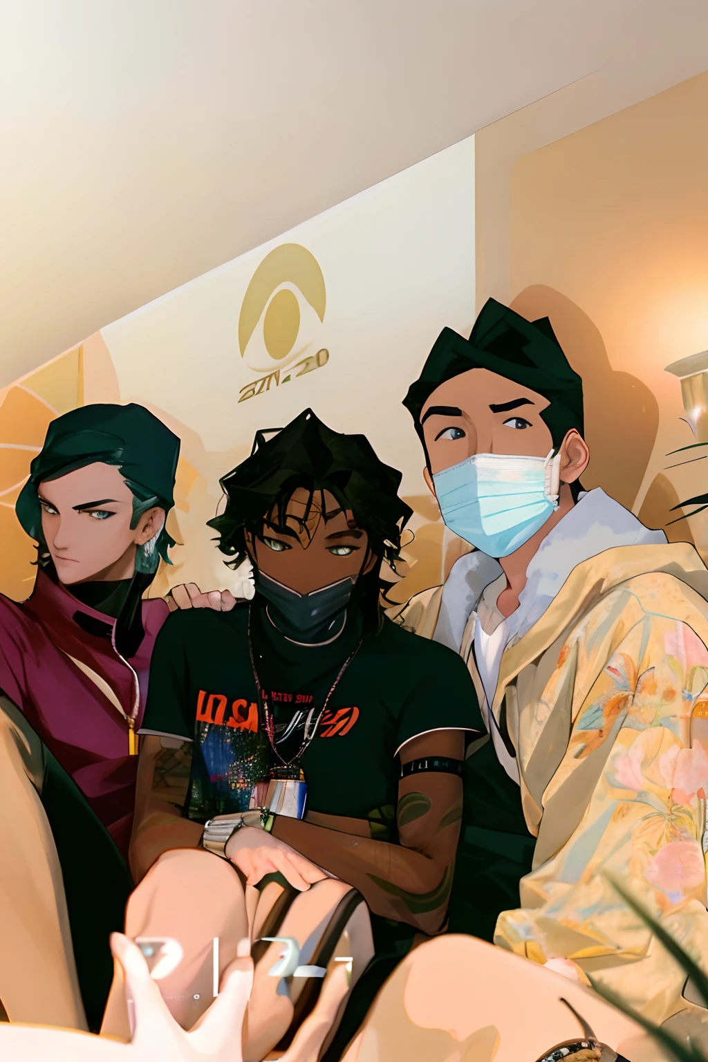 three men in masks are sitting on a couch together, photograph of three ravers, taken in the early 2020s, bay area, profile picture, profile pic, 2 0 2 2 photo, album art, group photo, chillin at the club together, 3 heads, slide show, documentary still, roomies, very very low quality picture, snapchat photo