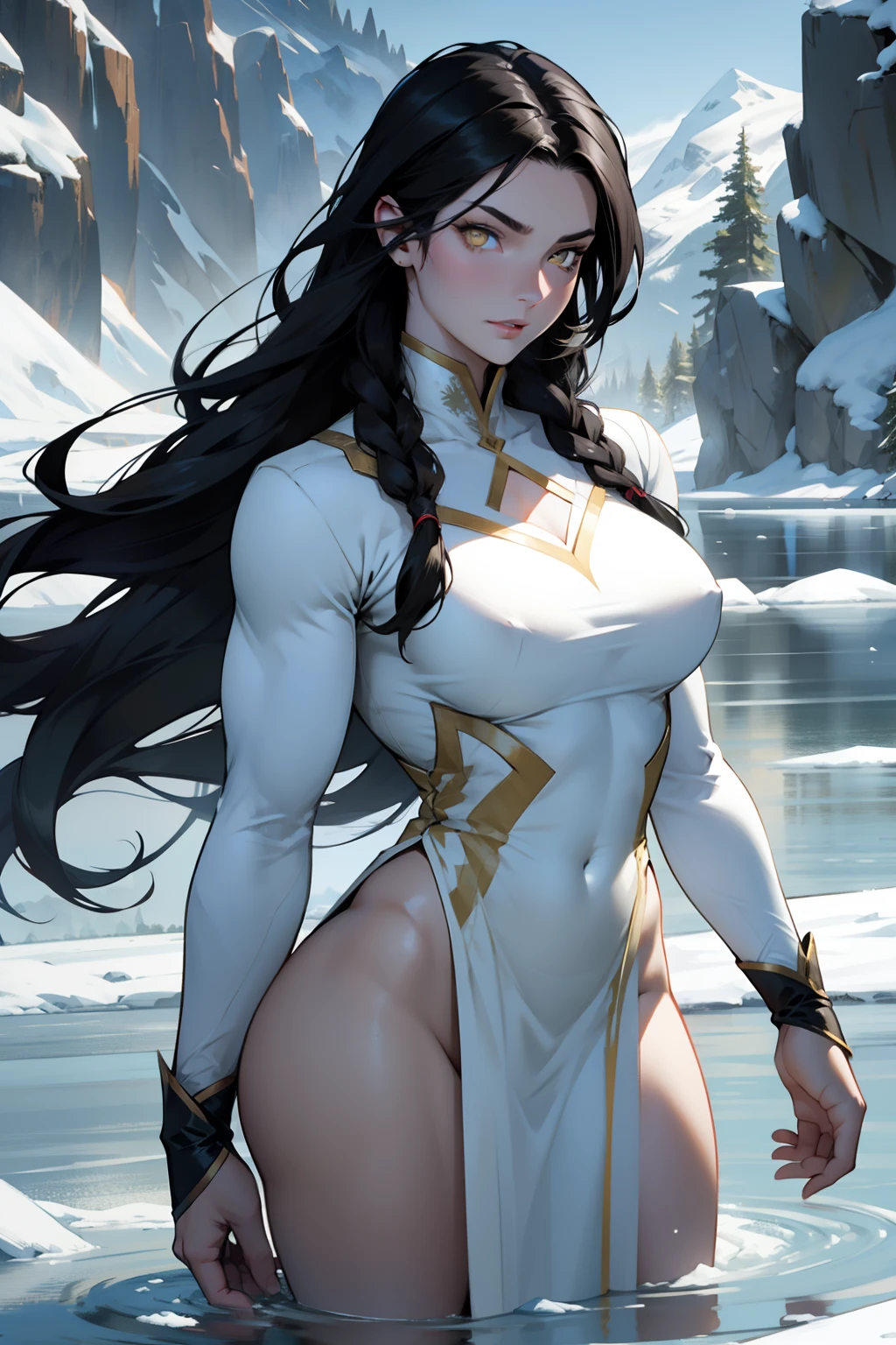 1 girl, black hair, yellow eyes, very long hair, pale skin, curvy, ((extremely muscular)), perky breasts, frozen lake