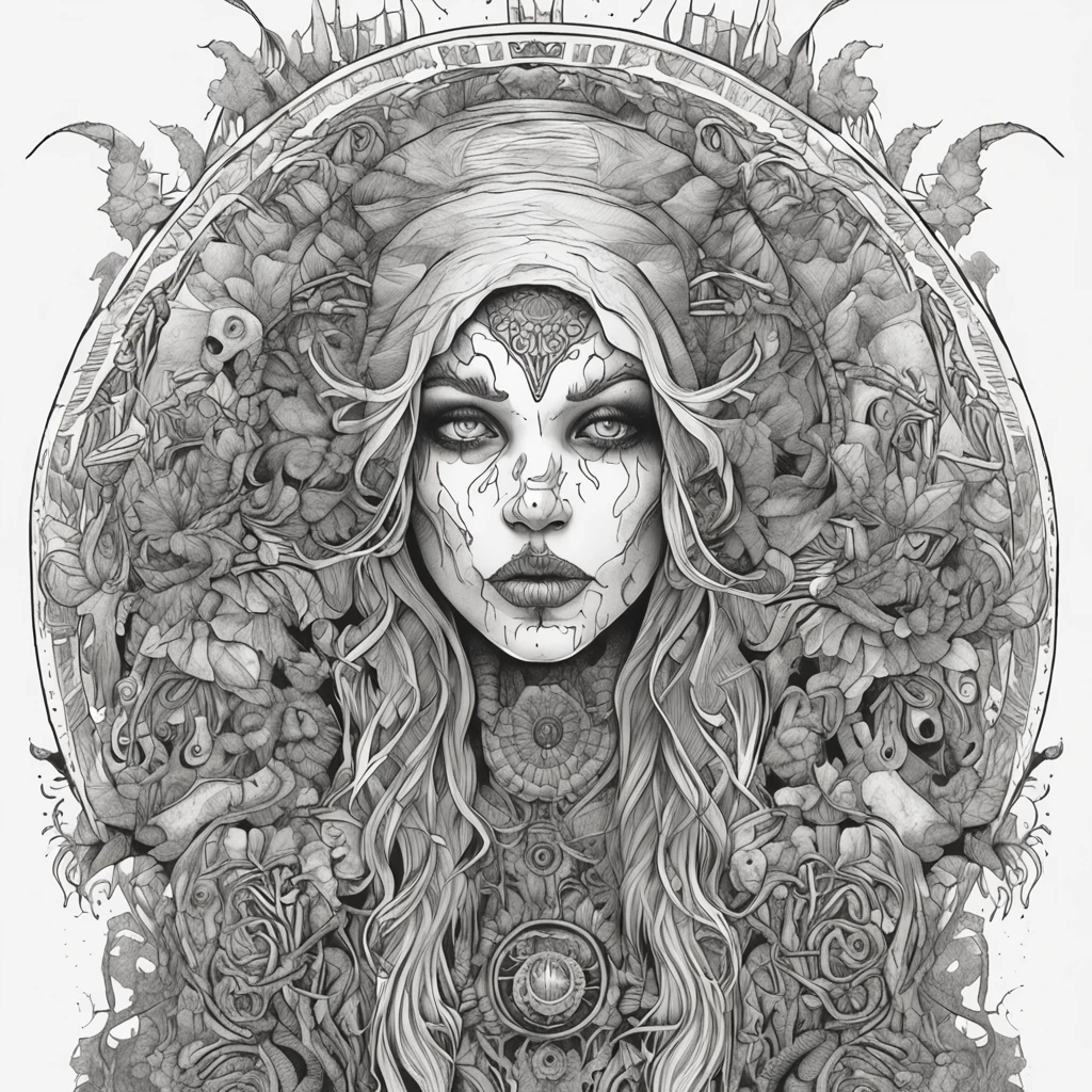 The centering trait of the white-haired female zombie, It's scary，Shabby clothing, Black and white, zentangle (Best quality) Ultra-detailed, Fine line drawing, fine line art, Picture book illustration style, Intricate linework, Highly detailed illustration, Perfectcomposition, Beautiful and stunning, Dynamic Angle, High contrast, Incredible shadows, Incredible detail, Unique style, Black and white details, (Dark and mysterious atmosphere), Complex and detailed natural elements.Central symmetry，The outer stripe is symmetrical in the center