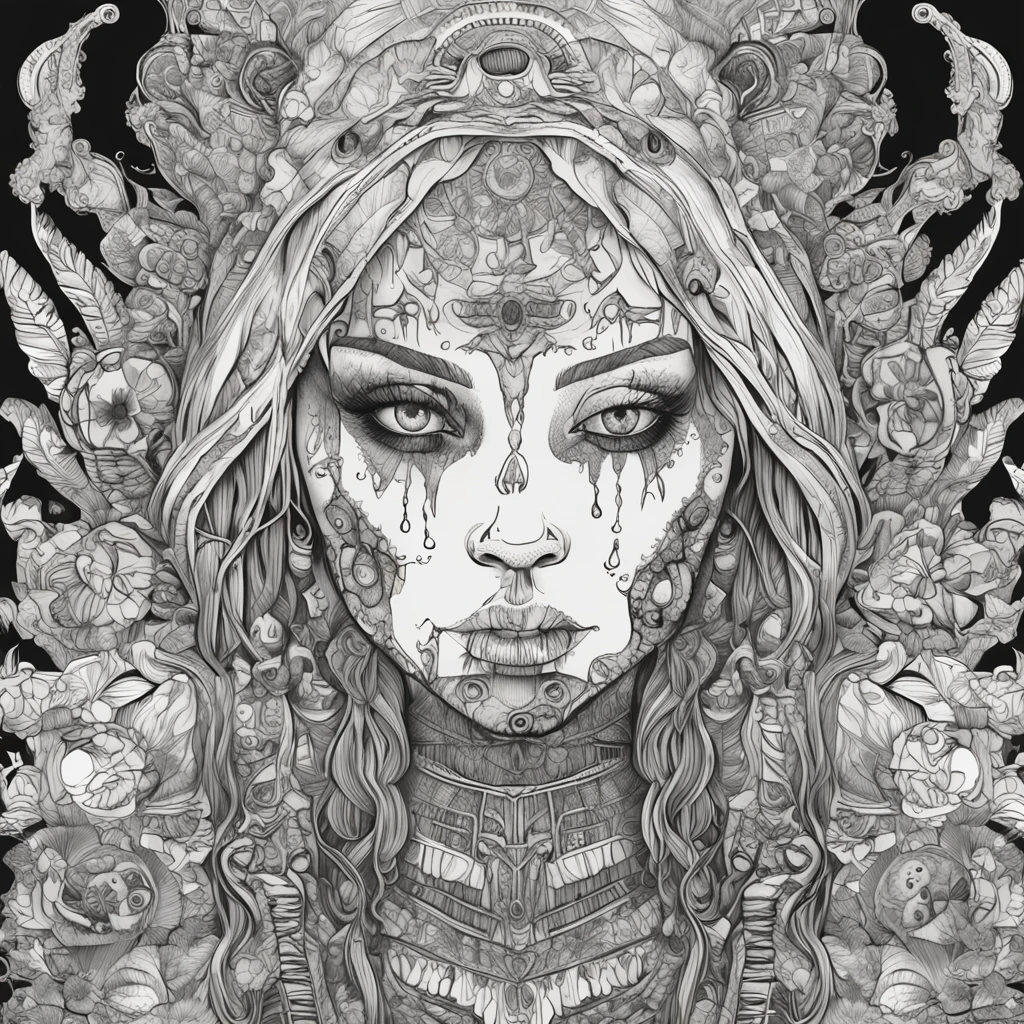 The centering trait of the white-haired female zombie, It's scary，Shabby clothing, Black and white, zentangle (Best quality) Ultra-detailed, Fine line drawing, fine line art, Picture book illustration style, Intricate linework, Highly detailed illustration, Perfectcomposition, Beautiful and stunning, Dynamic Angle, High contrast, Incredible shadows, Incredible detail, Unique style, Black and white details, (Dark and mysterious atmosphere), Complex and detailed natural elements.Central symmetry，The outer stripe is symmetrical in the center