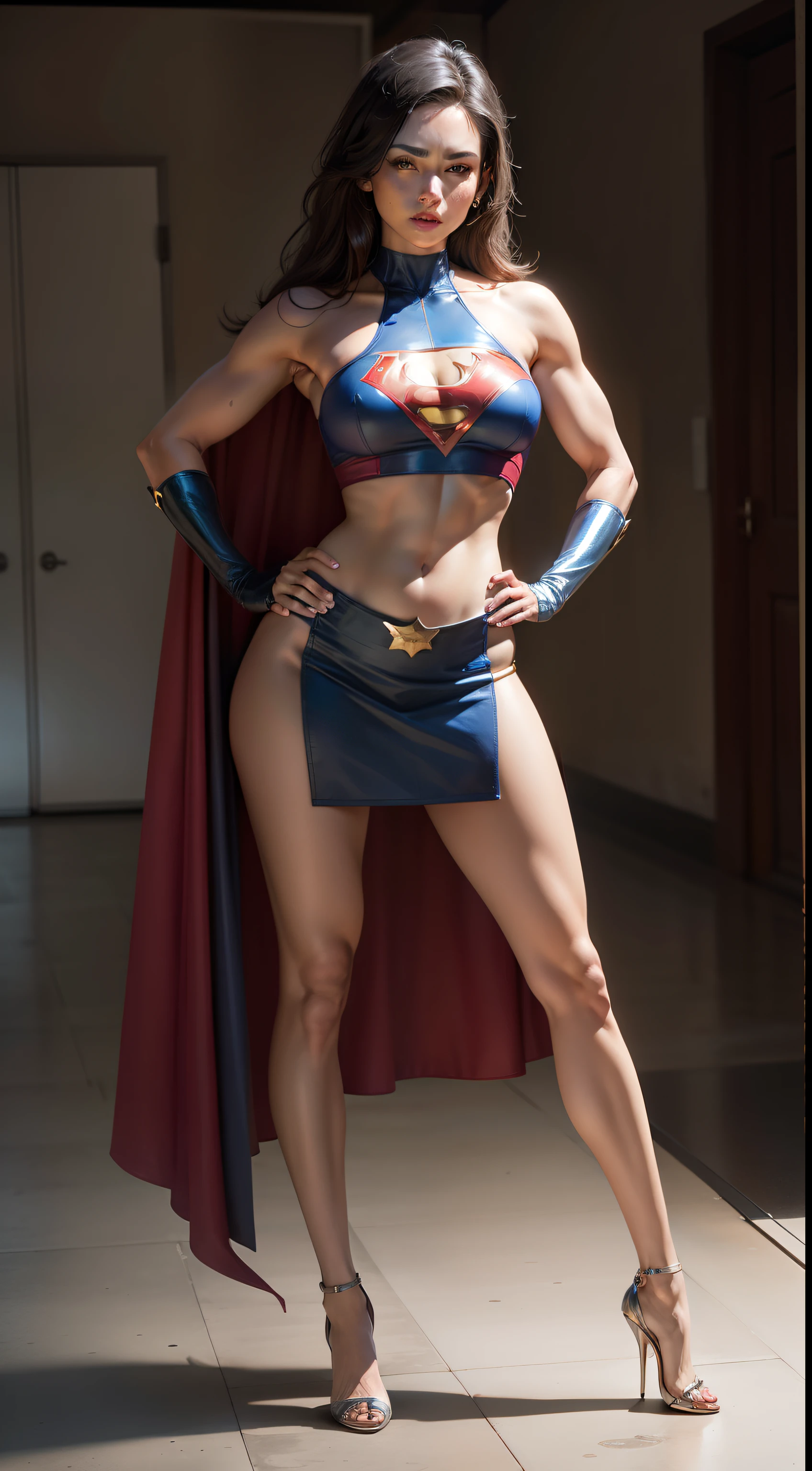 Superheroine, halter neck, midriff, high heels, hand on hip