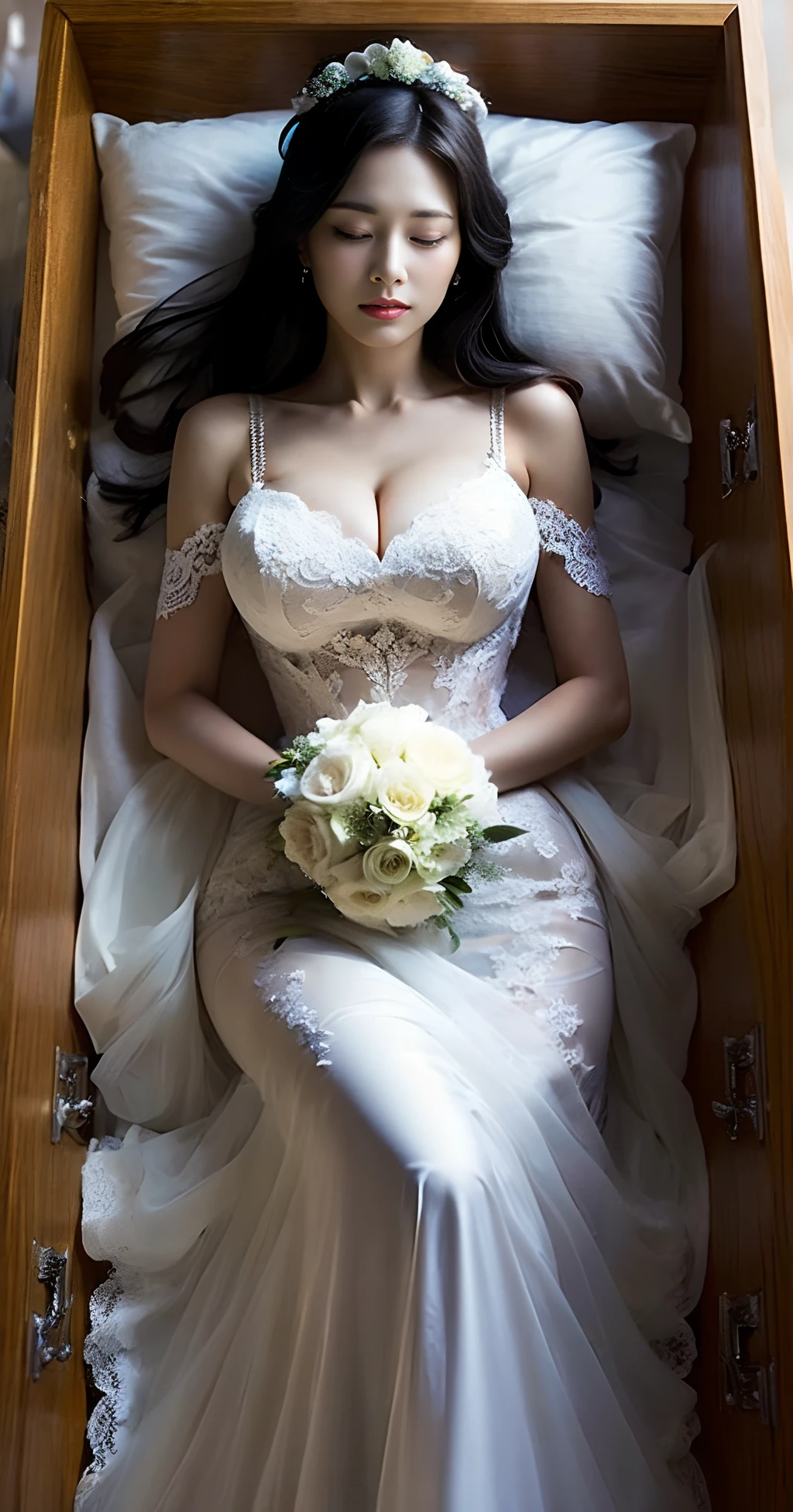 1girl, solo, wooden casket, girl sleep in casket, girl laying in casket, eyes closed, closed mouth,(interlocked_fingers:0.961), (own_hands_together:0.971), (straight:0.971), (own_hands_clasped:0.961), (absolute cleavage), straight body, straight legs, big boobs, round breasts, (full body viewed), (sexy breast), (sexy cleavage), (around the casket is a wreath of flowers), (((black hair))), ((blonde hair)), ((wearing white suspender with a V-neckline wedding dress with willow-shaped lace)), ((maid dress)), ((long dress)), head on pillow