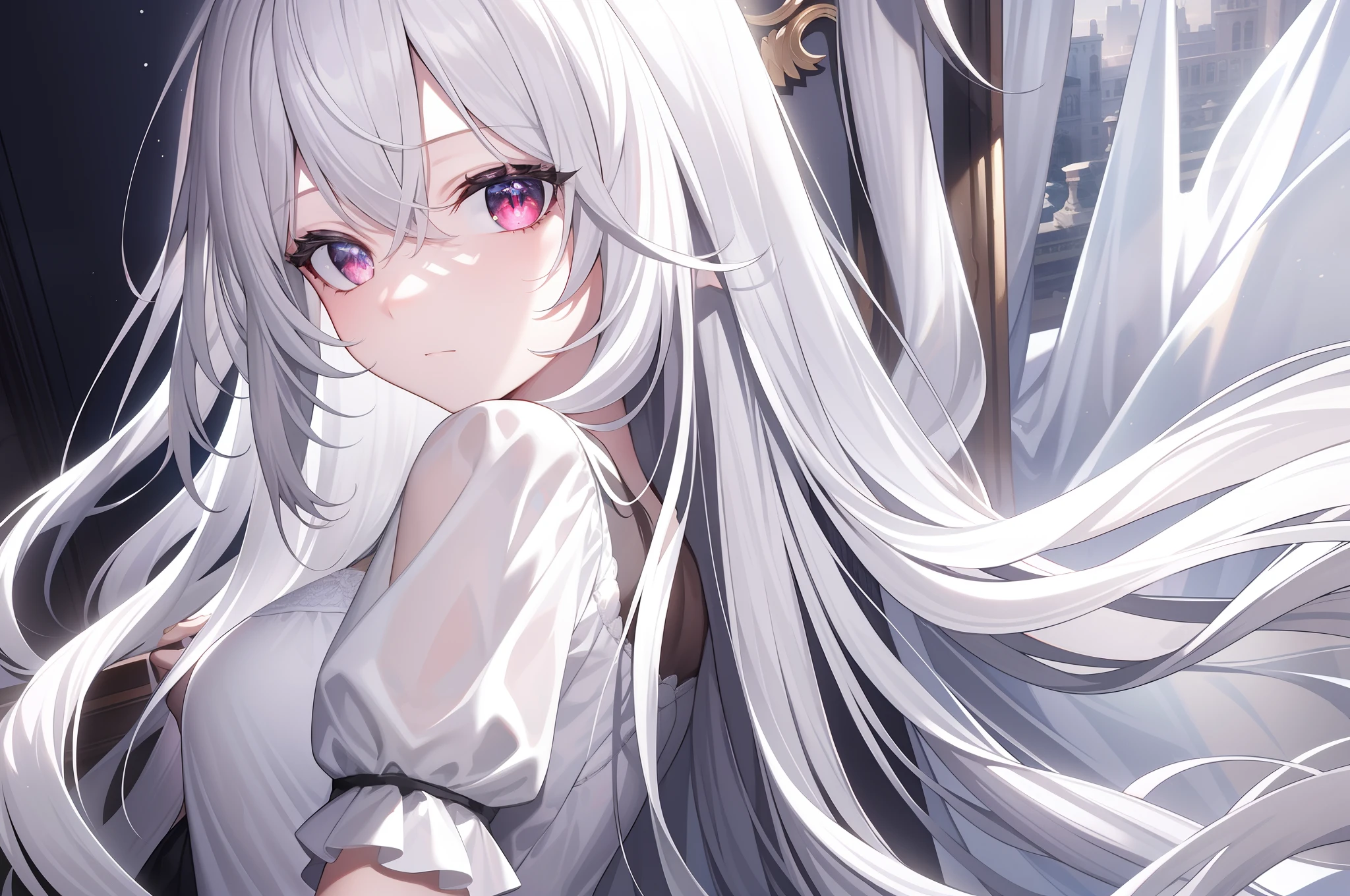 ((Masterpiece, Best quality))++, Detailed light+, Detail hair+, detail hand+ ,1girll, woman, Long hair, Crimson eyes, Beautiful eyes, Young gray hair,,(Beautiful white hair:1.5),(Beautiful detailed eyes), high resolution+, blacksilk , a black skirt, Glass tones, Reflective eyes, {{Angle}} , extremelydetailedwallpaper, Original, ,