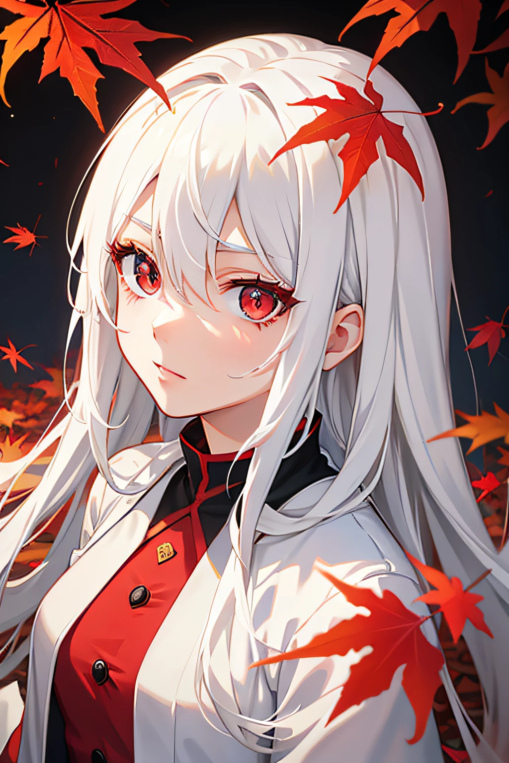 White hair, red eyes, autumn, girl, maple leaves