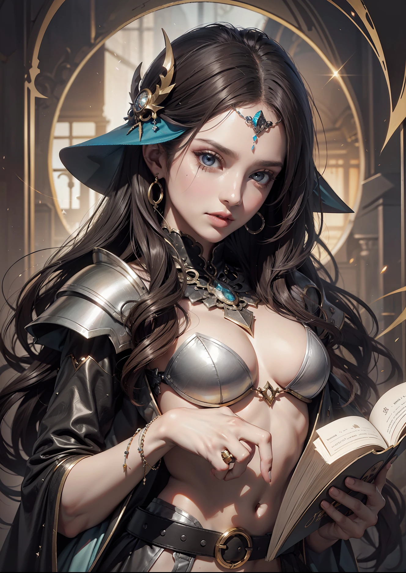 (Fondos de pantalla 8K muy detallados), The middle ground of a terrifying necromancer,magica, Magia brillante, Pentagrama, magical circles, Chispas, intrincado, El altamente detallado, dramatic, Mujer, espada en cintura, espada en su vaina, armadura de cuero color cafe, cabello blanco, Book on a belt, libro de magia