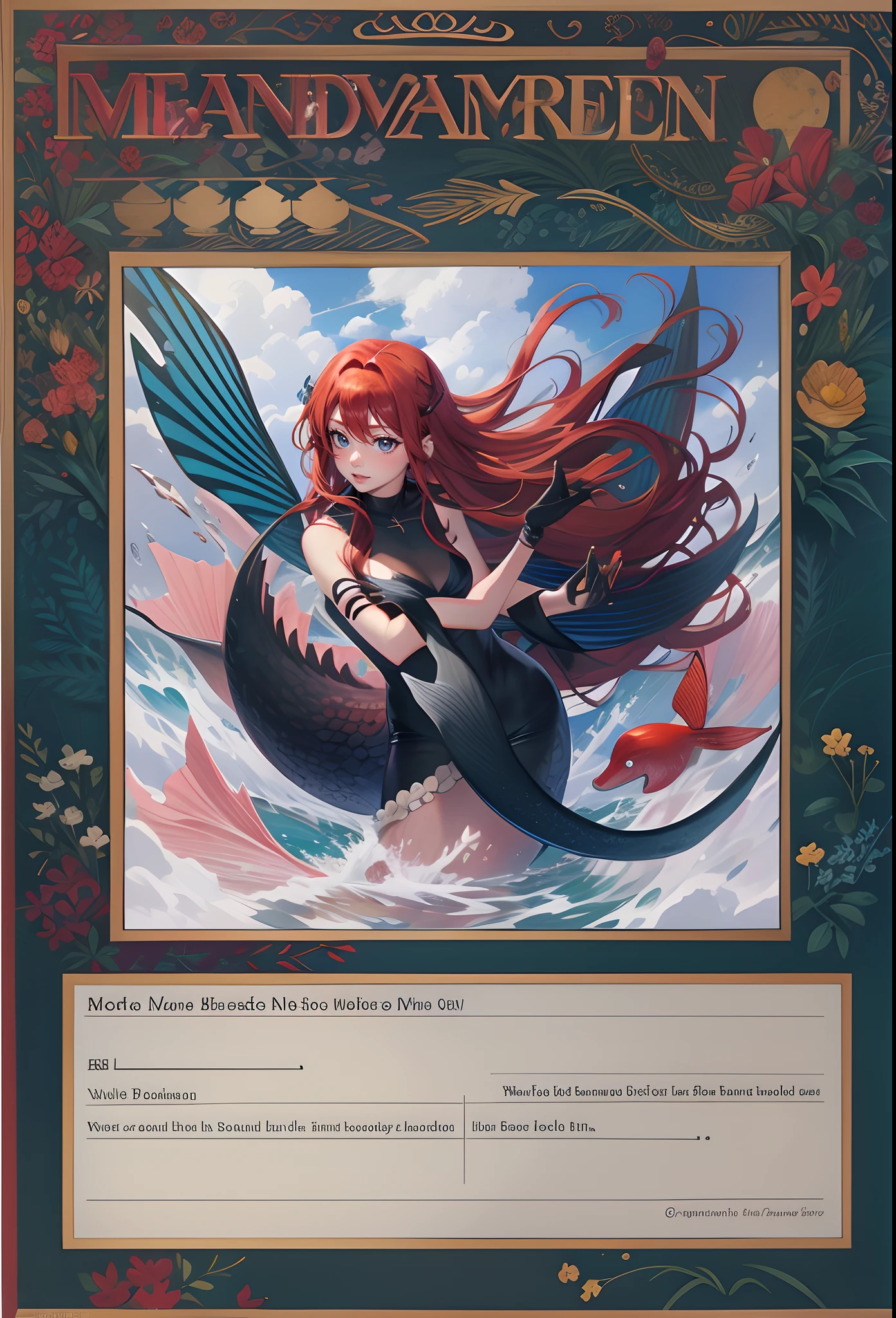 Drawn as a raw graphic,Red-haired mermaid,solo person,black border