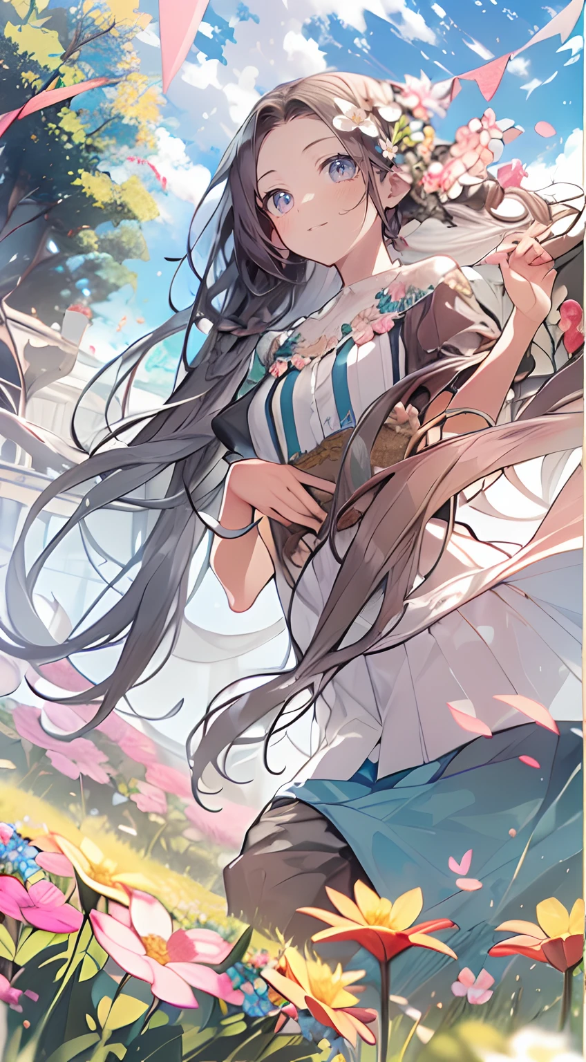 masutepiece, Best Quality,Illustration, Wallpaper, Ultra Detail, Absurd beauty、1 beautiful girl、 (Semi-long hair、short braided hair), Beautiful ultra-detailed eyes , Hair fluttering in the wind、Keep your head small、flower field、great outdoors、Landscape of the flower garden