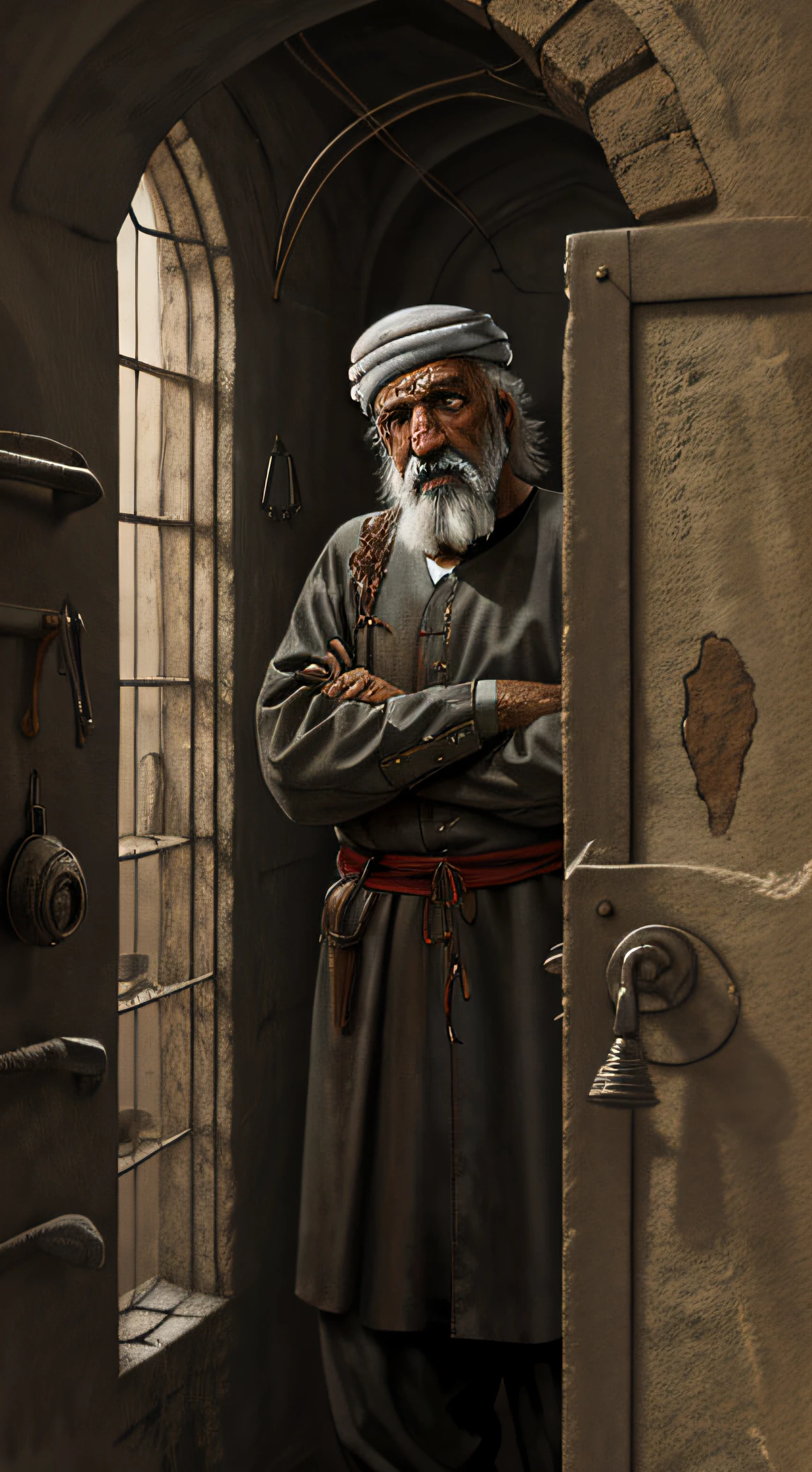 dirty old prison, old Arab man inside a prison cell, medieval Arab, rat, rusty prison window, dim light, spider nest, realistic, detailed,