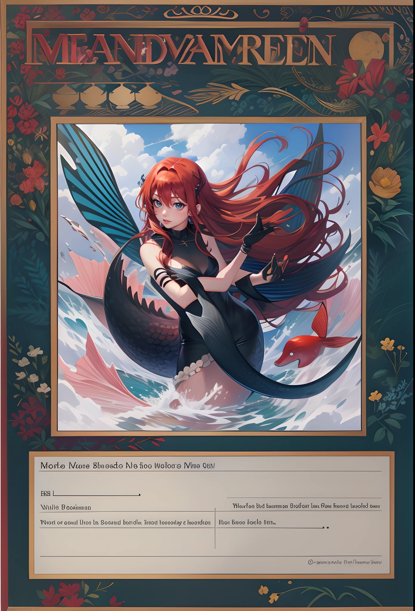 Drawn as a raw graphic,Red-haired mermaid,solo person,black border