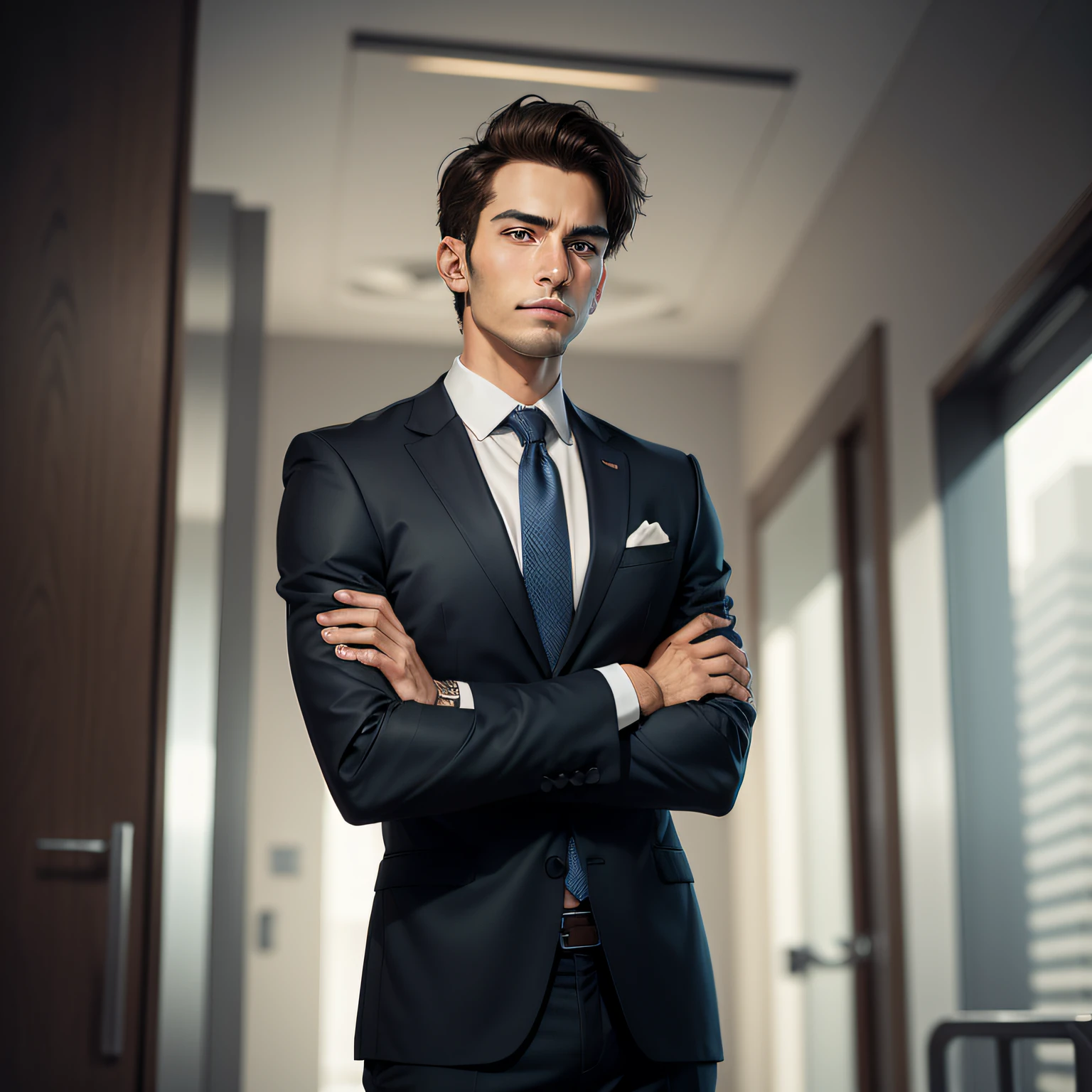 man standing in business attire with a rigid posture, chest out and chin up. Arms crossed.