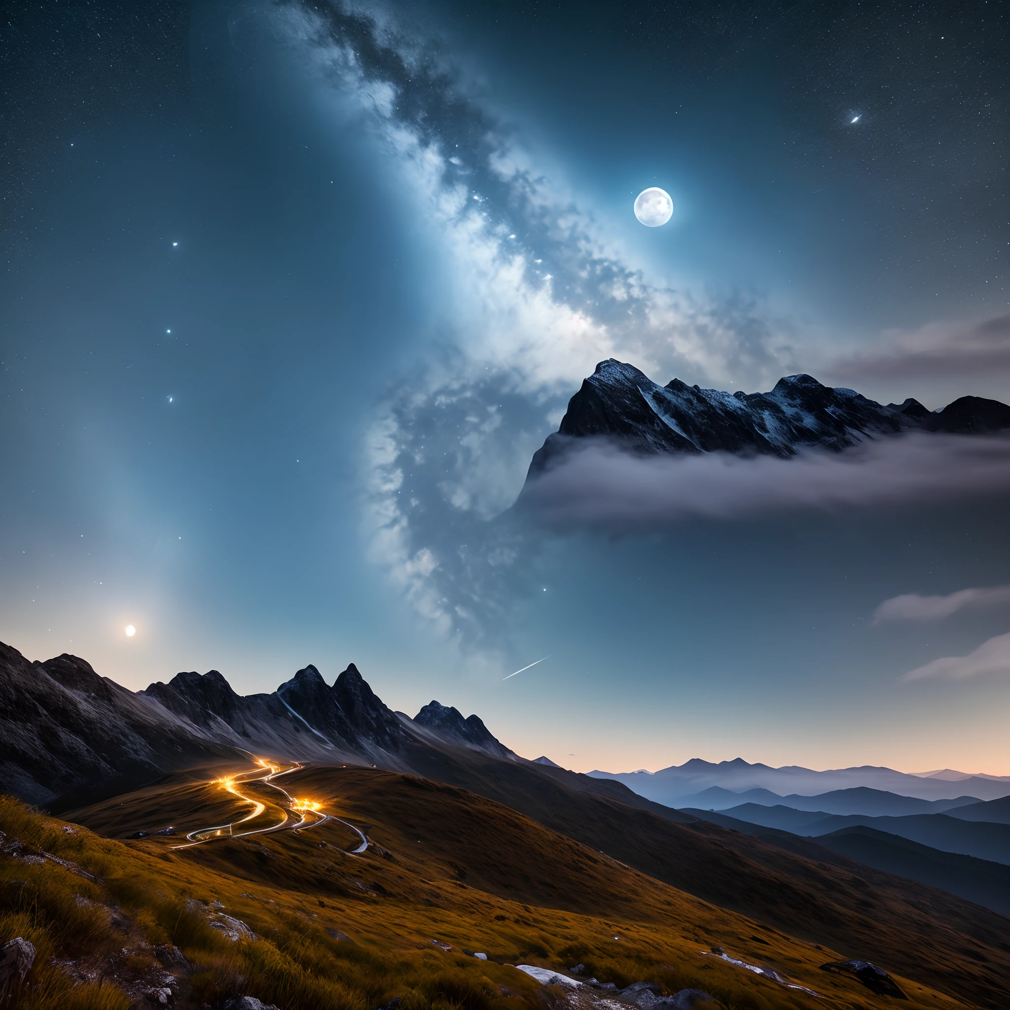 Best Quality 8K Night Fantasy Space Moonlight Mountainous Area