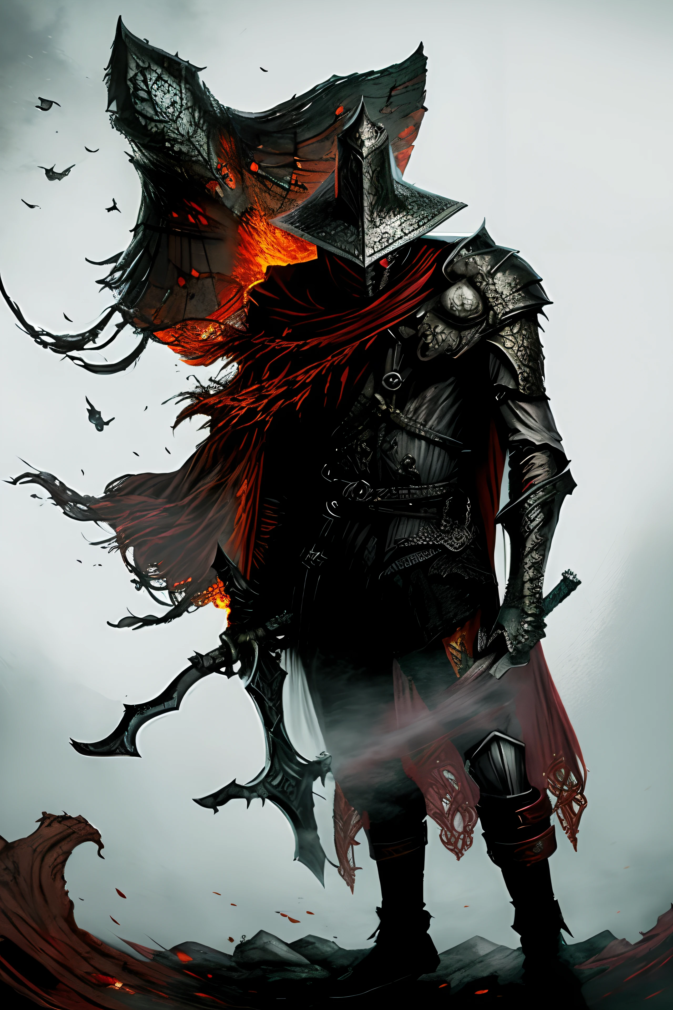 cavaleiro arafed com uma espada e uma capa vermelha em frente a uma lua cheia, Senhor de Cinder, design de personagens de fantasia sombria, cavaleiro do mal, arte de estilo fantasia escura, gothic knight, epic exquisite character art, Arte de Dark Souls, no estilo da arte da fantasia sombria, arte conceitual dark soul, epic fantasy character art, sombra maligna