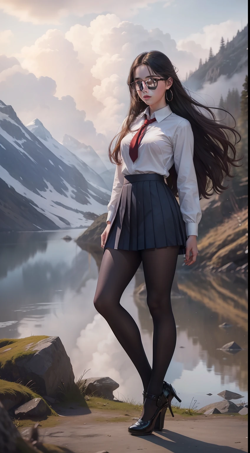 Beautiful young Margaret Qualley, , white skin, eyeglasses, large ankle earrings, female school uniform, pleated skirt, wear tights, high heels, midday sun, hyperrealistic, model body, small breasts, beautiful breasts, long hair, Straight hair, red-tipped hair, long legs, 8k, 超High resolution, best quality, on the frozen mountain, RAW portrait, photorealistic, cherry blossom, ambient lighting, detailed shadows, camera focus on thighs, sexy pose, a large amount of cloudy liquid oozes from the genitals, strong wind, gentle fog