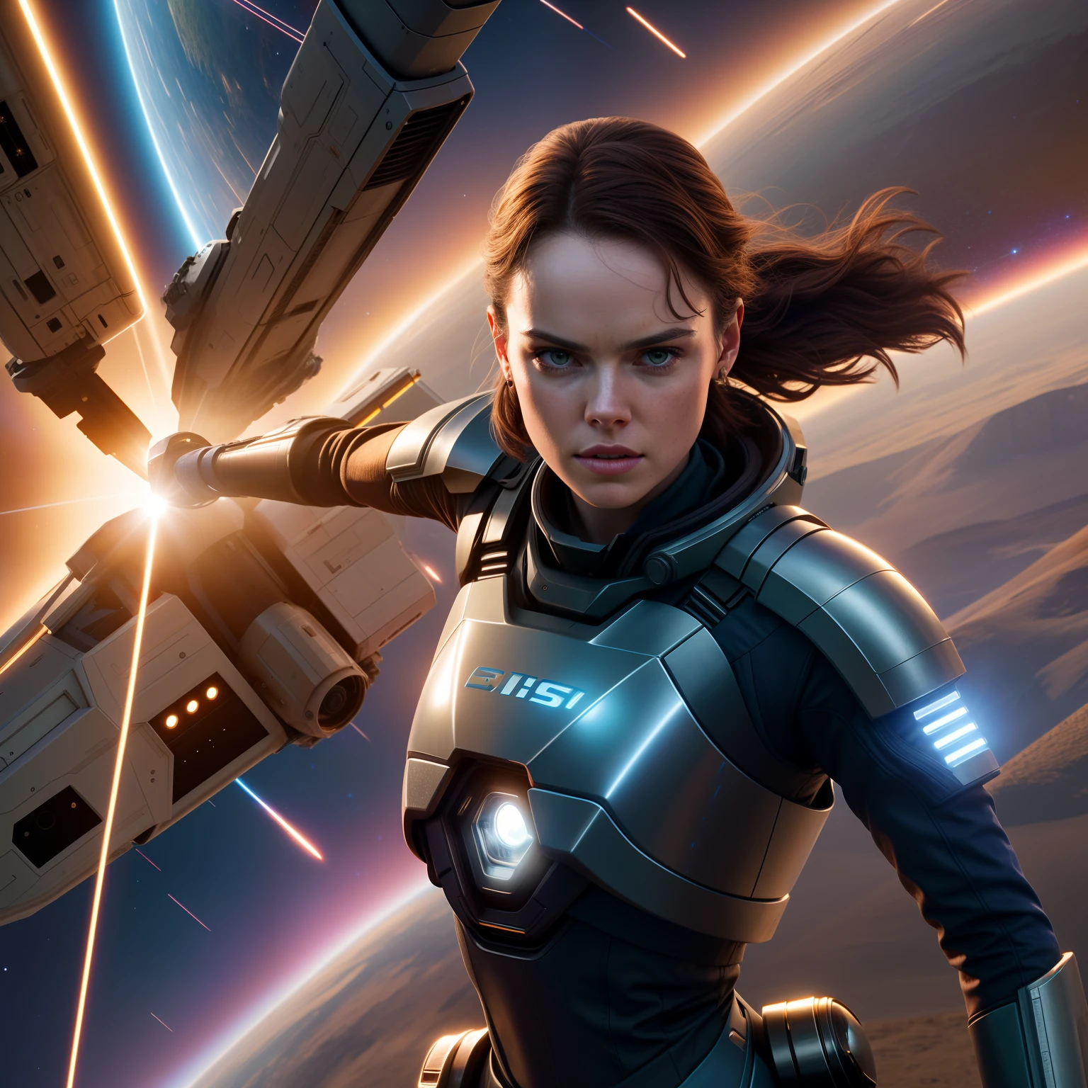 a close up of epic Sci fi hot Daisy Ridley in a sci fi white tech suit clothes cabelos longos brancos, Detailed clothing details, Liquid effect, space, heavenly body, Interstellar battlefield photography, natural light, photorealism, cinematic rendering, ray tracing, the highest quality, the highest detail, Cinematic, Third-Person View, Blur Effect, Long Exposure, 8K, Ultra-HD, Natural Lighting, Moody Lighting, Cinematic Lighting