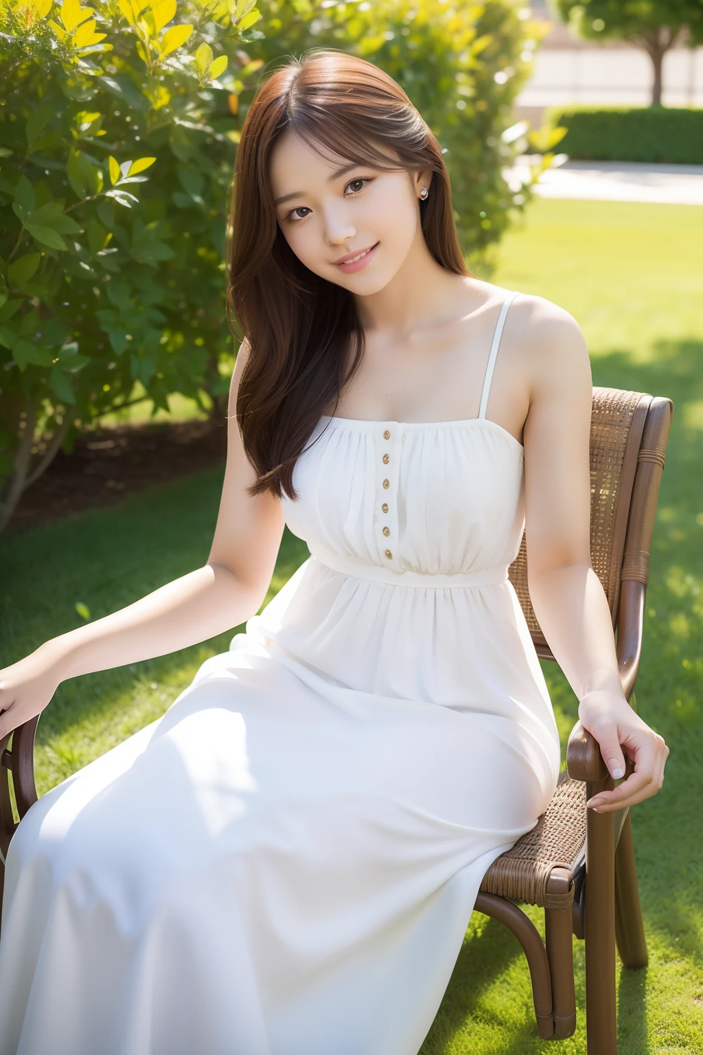 A beautiful student sits in a chair on campus,Long dress with orange trim,She was holding a white dove ,and the sun was shining brightly,depth of fields,high light,Real light,Ray traching,OC renderer,UE5 renderer,Hyper-realistic,best qualtiy,8K,Works of masters,super-fine,Detailed pubic hair,Correct anatomy,