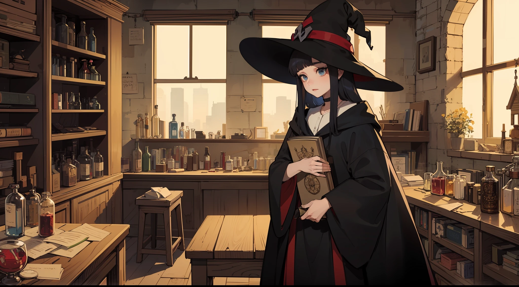 Anime girl standing in witch costume in a room with a window,Young adult females, Black robe. Witch hat. Dark blue hair, short length bangs,2D, black-haired mage, The Witch, flirty anime witch casting magic,(she is in the potions workshop:1.35),Secret doctor,Reagent bottles,Ancient magic books,Complete set of chemical experiment equipment,Strange magical solution,Guviz-style artwork, beautiful cowboy witch,sorceress woman,A witch,beautiful female witch,witch academia,witch,by Yang J, classical witch,Immersive setup+ videogame+ The protagonist+ White witch +1 The Lord of the Rings+3 Magic Array+ Unique power+ Void energy+ environment+ Famous landmarks+ Terrain+ Weather conditions+ Disorder+ enemies+ player+ Vivid language+ scene+ engage+ imagination+, V0id3nergy , (White witch:1.3)