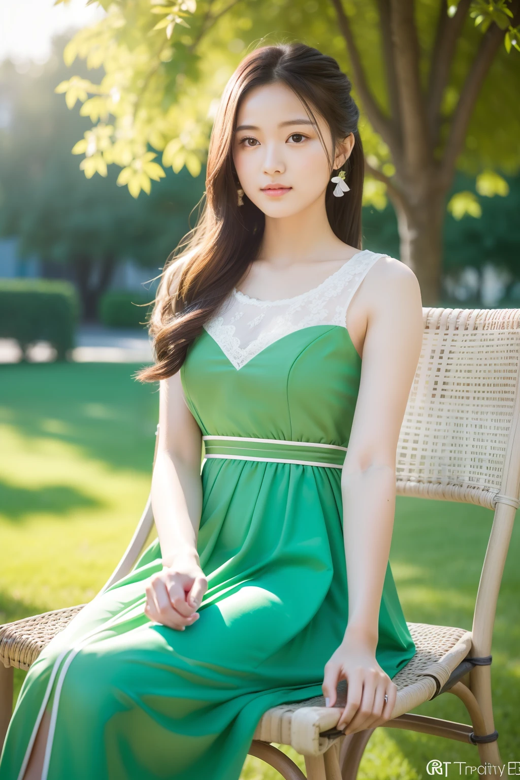 A beautiful student sits in a chair on campus,Long dress with light green trim,She was holding a white dove ,and the sun was shining brightly,depth of fields,high light,Real light,Ray traching,OC renderer,UE5 renderer,Hyper-realistic,best qualtiy,8K,Works of masters,super-fine,Detailed pubic hair,Correct anatomy,
