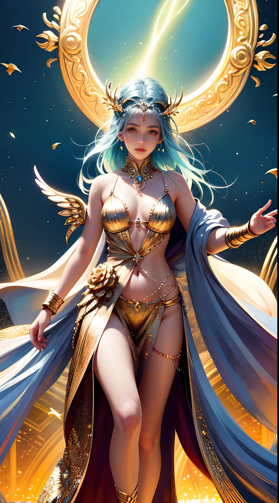 ((Best quality)), ((Masterpiece)), ((Realistic)), full-body portraits, 1 rapariga, Celestial, deity, Goddess, Light particles, Halo, view the viewer,Firm eyes on bare shoulders, (Bio-luminescence:0.95) Ocean, Bio-luminescence, Goddess dress, Slender beautiful legs,vibrant, Colourful, Color, (Glowing, Glow), (Beautiful composition), Cinematic lighting, Intricate, (Symmetrical:0.5), Whimsical,